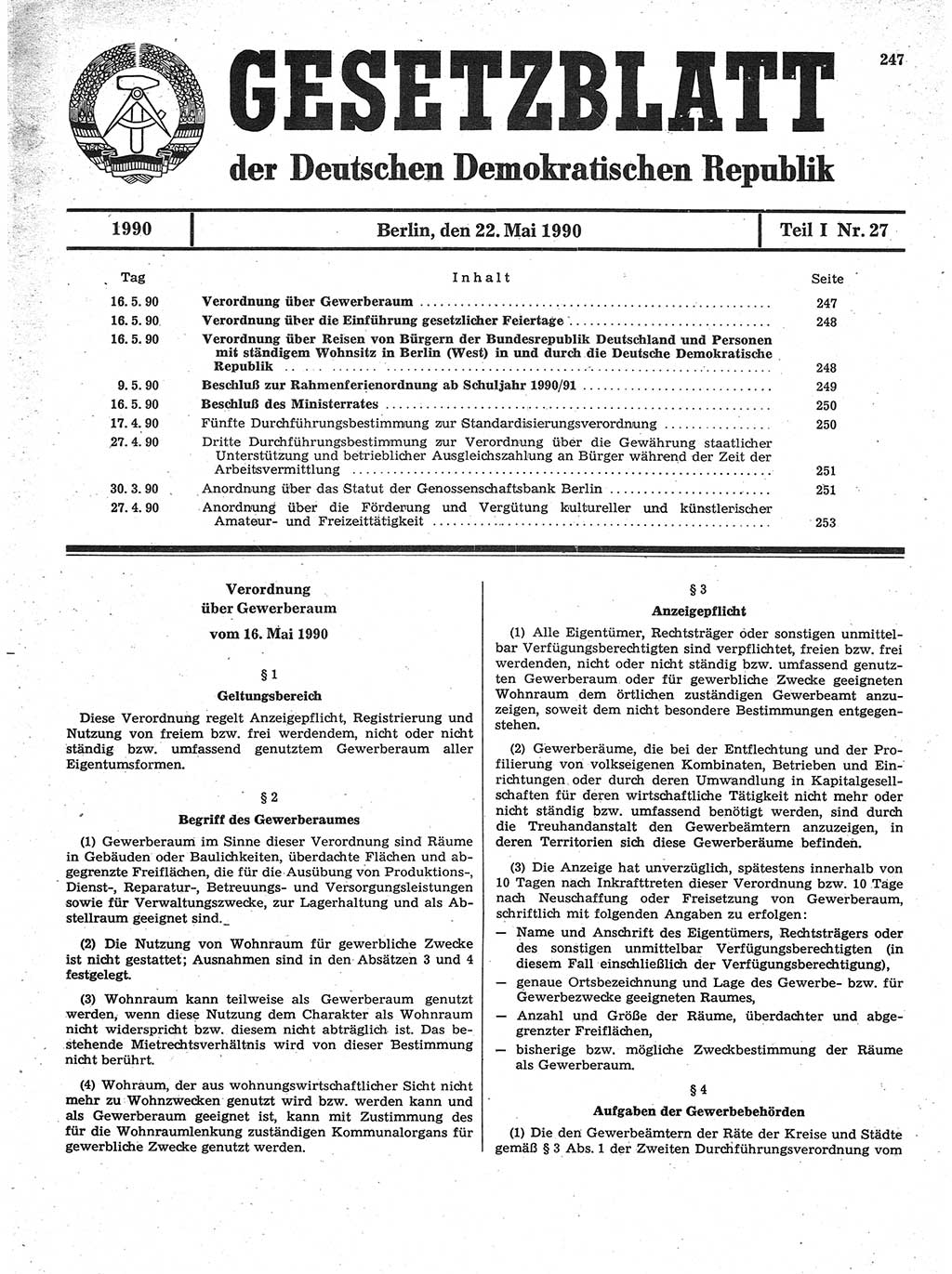 Gesetzblatt (GBl.) der Deutschen Demokratischen Republik (DDR) Teil Ⅰ 1990, Seite 247 (GBl. DDR Ⅰ 1990, S. 247)