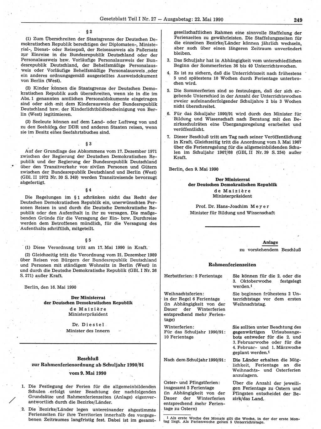 Gesetzblatt (GBl.) der Deutschen Demokratischen Republik (DDR) Teil Ⅰ 1990, Seite 249 (GBl. DDR Ⅰ 1990, S. 249)