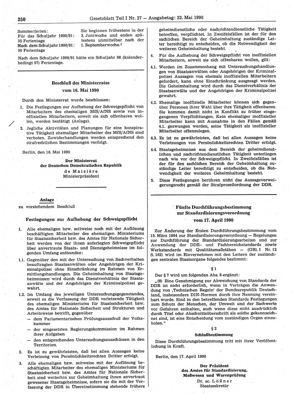 Gesetzblatt (GBl.) der Deutschen Demokratischen Republik (DDR) Teil Ⅰ 1990, Seite 250 (GBl. DDR Ⅰ 1990, S. 250)