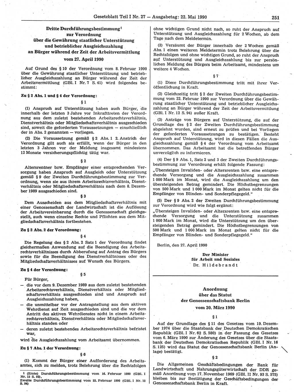 Gesetzblatt (GBl.) der Deutschen Demokratischen Republik (DDR) Teil Ⅰ 1990, Seite 251 (GBl. DDR Ⅰ 1990, S. 251)