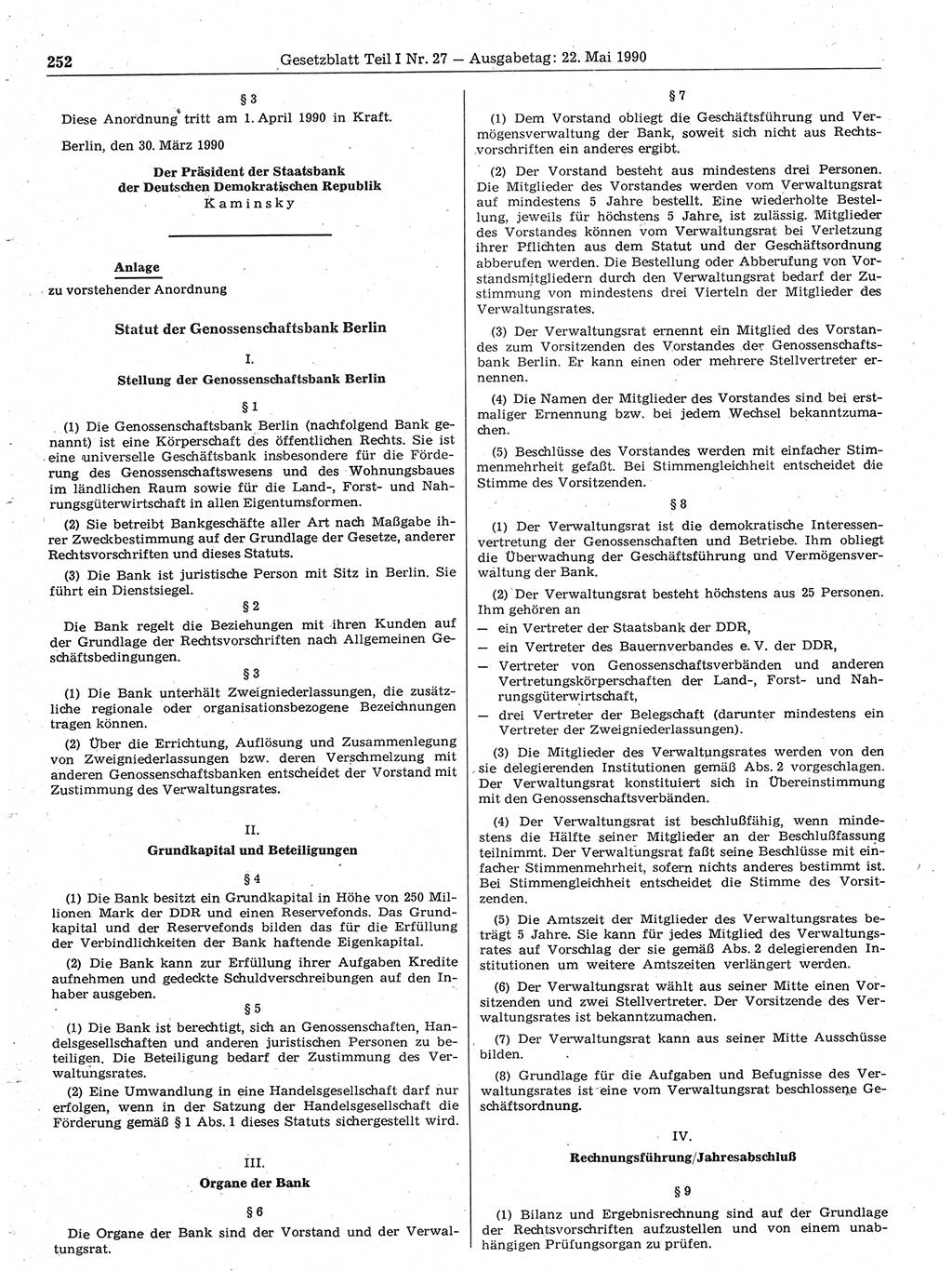 Gesetzblatt (GBl.) der Deutschen Demokratischen Republik (DDR) Teil Ⅰ 1990, Seite 252 (GBl. DDR Ⅰ 1990, S. 252)