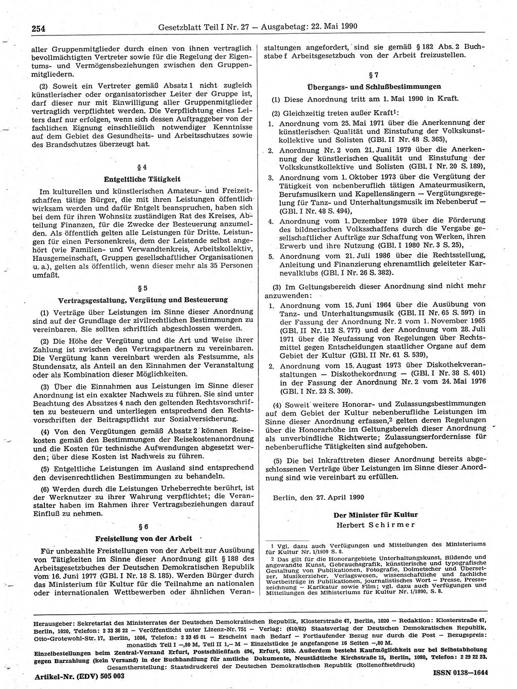 Gesetzblatt (GBl.) der Deutschen Demokratischen Republik (DDR) Teil Ⅰ 1990, Seite 254 (GBl. DDR Ⅰ 1990, S. 254)