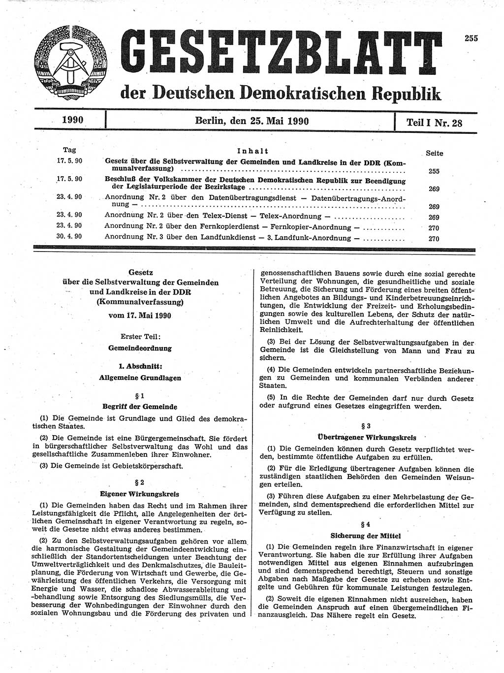Gesetzblatt (GBl.) der Deutschen Demokratischen Republik (DDR) Teil Ⅰ 1990, Seite 255 (GBl. DDR Ⅰ 1990, S. 255)