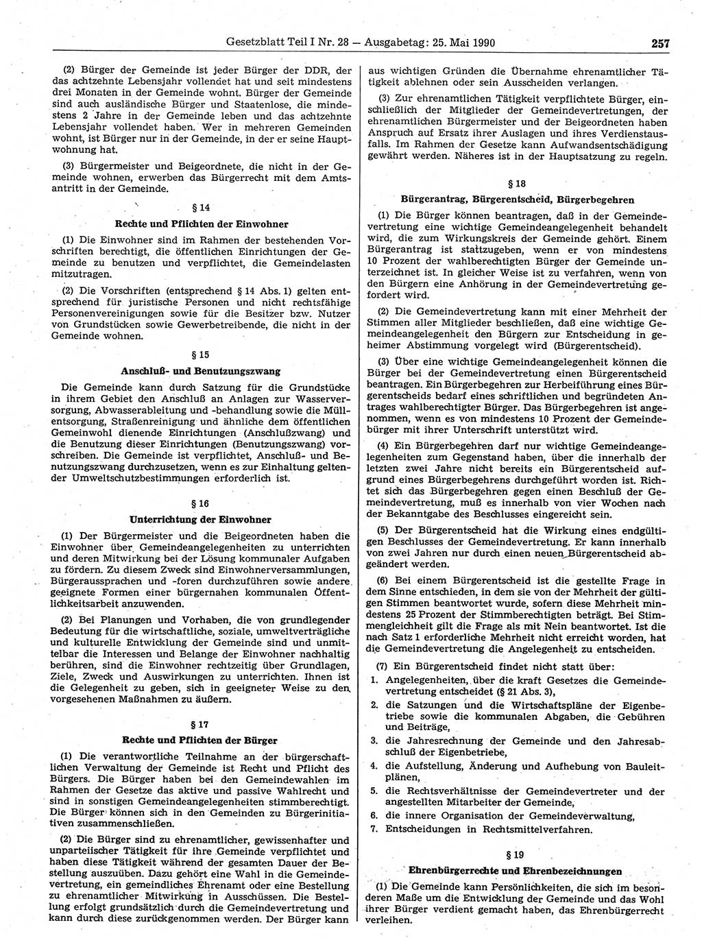 Gesetzblatt (GBl.) der Deutschen Demokratischen Republik (DDR) Teil Ⅰ 1990, Seite 257 (GBl. DDR Ⅰ 1990, S. 257)