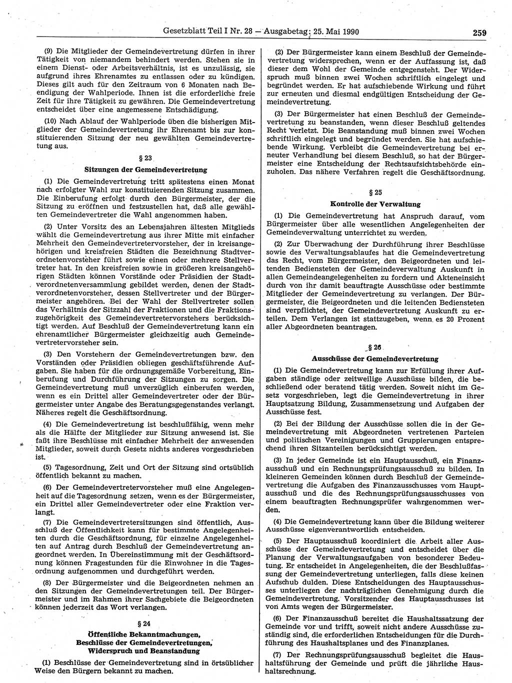 Gesetzblatt (GBl.) der Deutschen Demokratischen Republik (DDR) Teil Ⅰ 1990, Seite 259 (GBl. DDR Ⅰ 1990, S. 259)