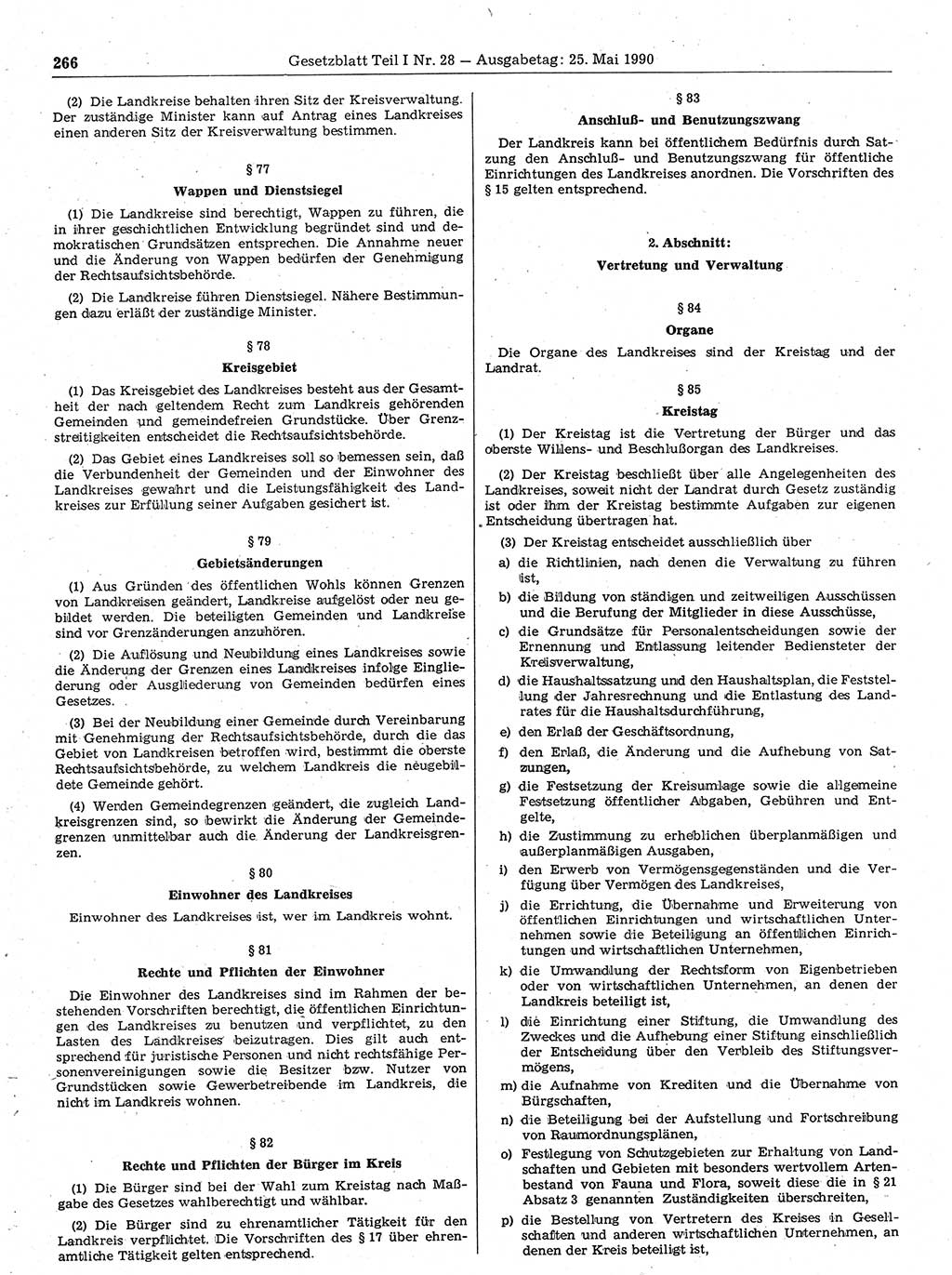 Gesetzblatt (GBl.) der Deutschen Demokratischen Republik (DDR) Teil Ⅰ 1990, Seite 266 (GBl. DDR Ⅰ 1990, S. 266)