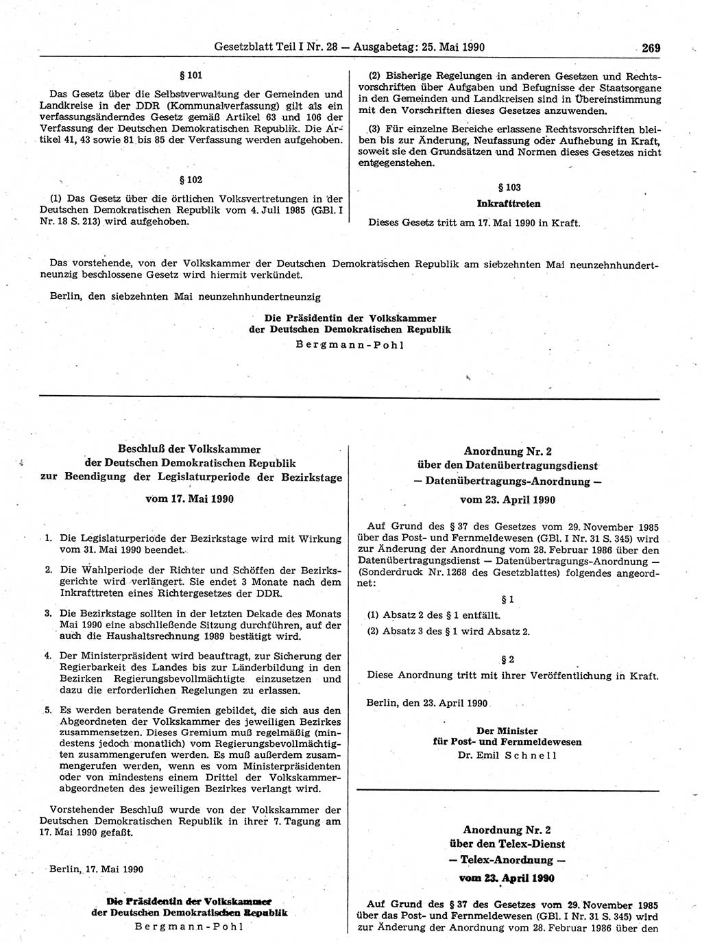 Gesetzblatt (GBl.) der Deutschen Demokratischen Republik (DDR) Teil Ⅰ 1990, Seite 269 (GBl. DDR Ⅰ 1990, S. 269)