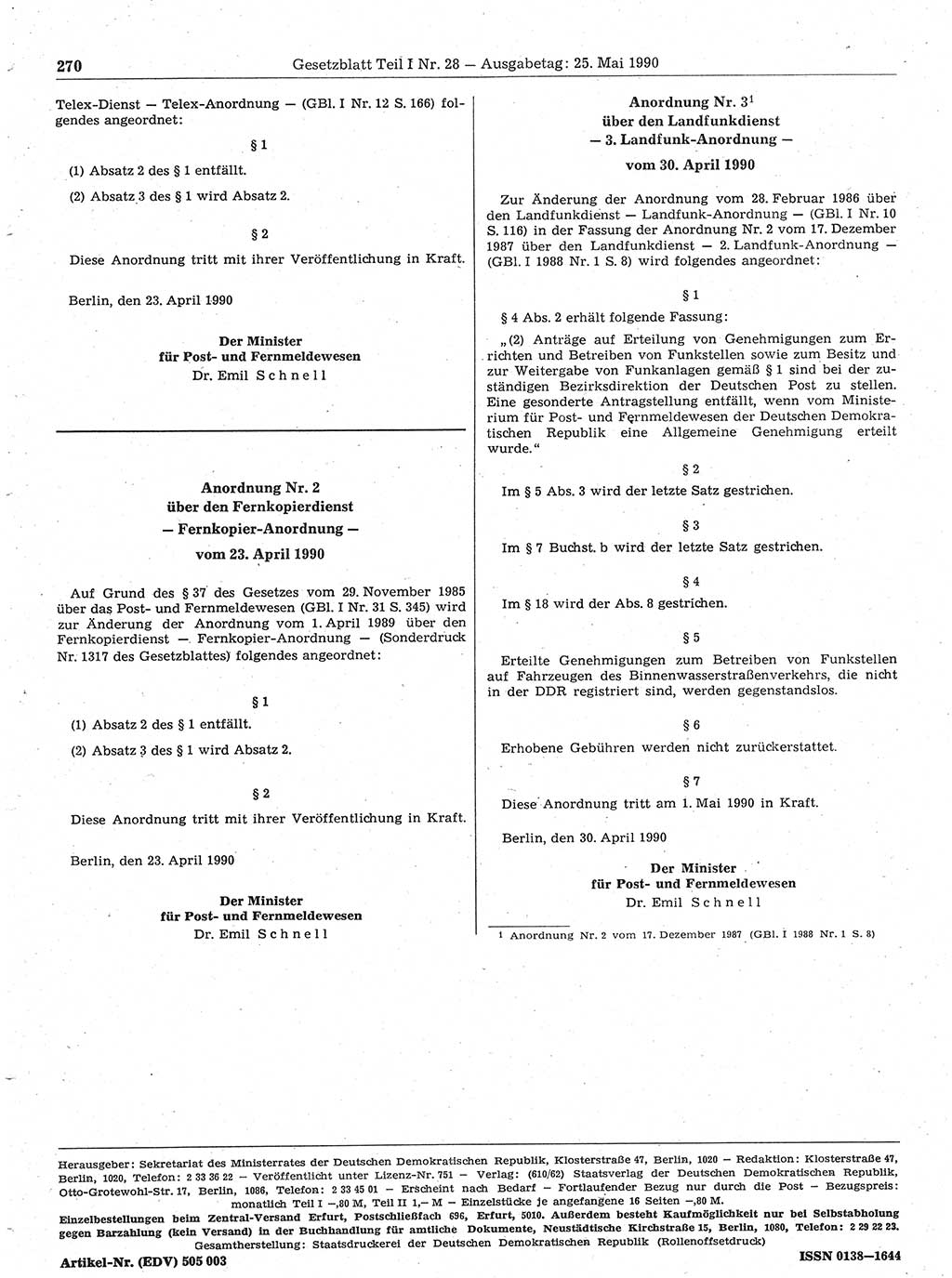 Gesetzblatt (GBl.) der Deutschen Demokratischen Republik (DDR) Teil Ⅰ 1990, Seite 270 (GBl. DDR Ⅰ 1990, S. 270)