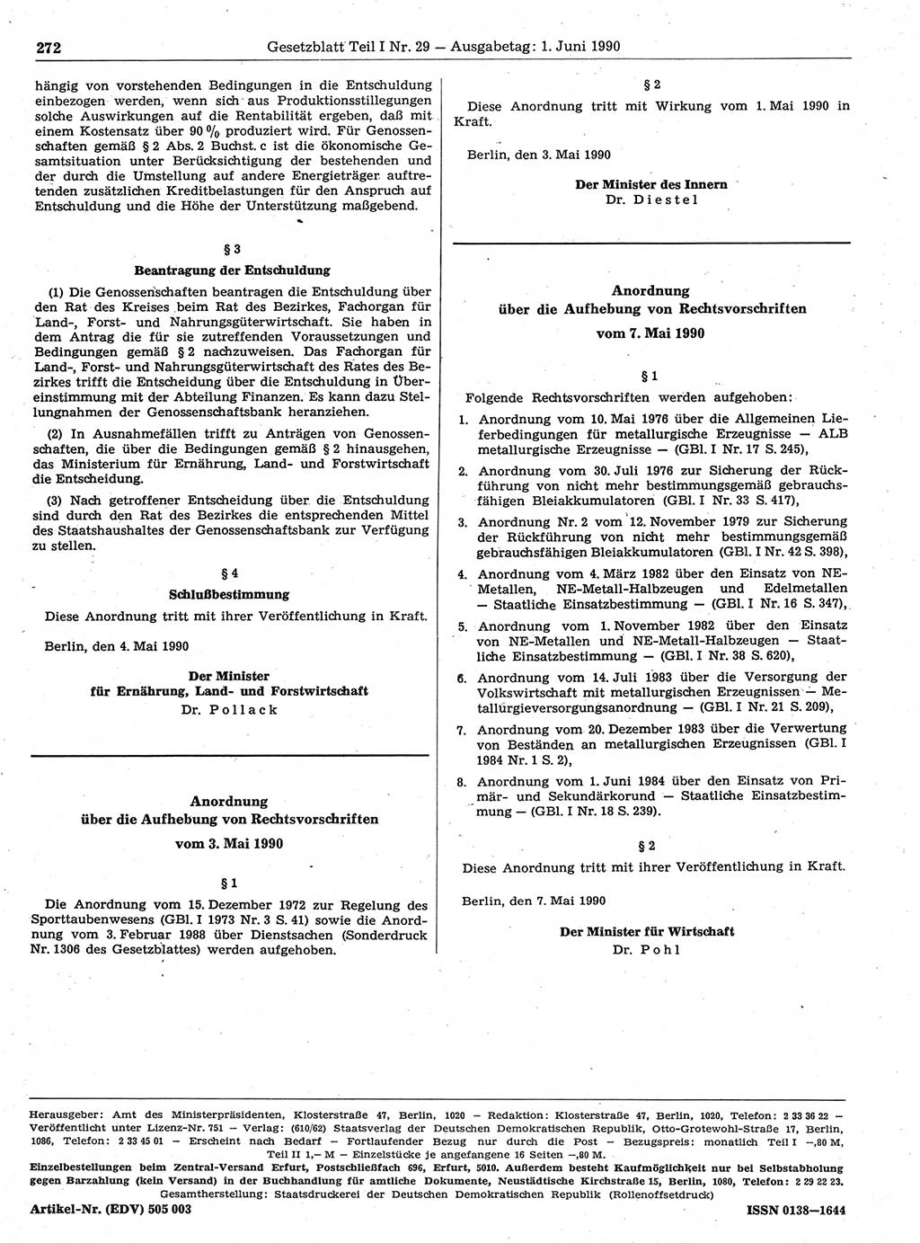 Gesetzblatt (GBl.) der Deutschen Demokratischen Republik (DDR) Teil Ⅰ 1990, Seite 272 (GBl. DDR Ⅰ 1990, S. 272)