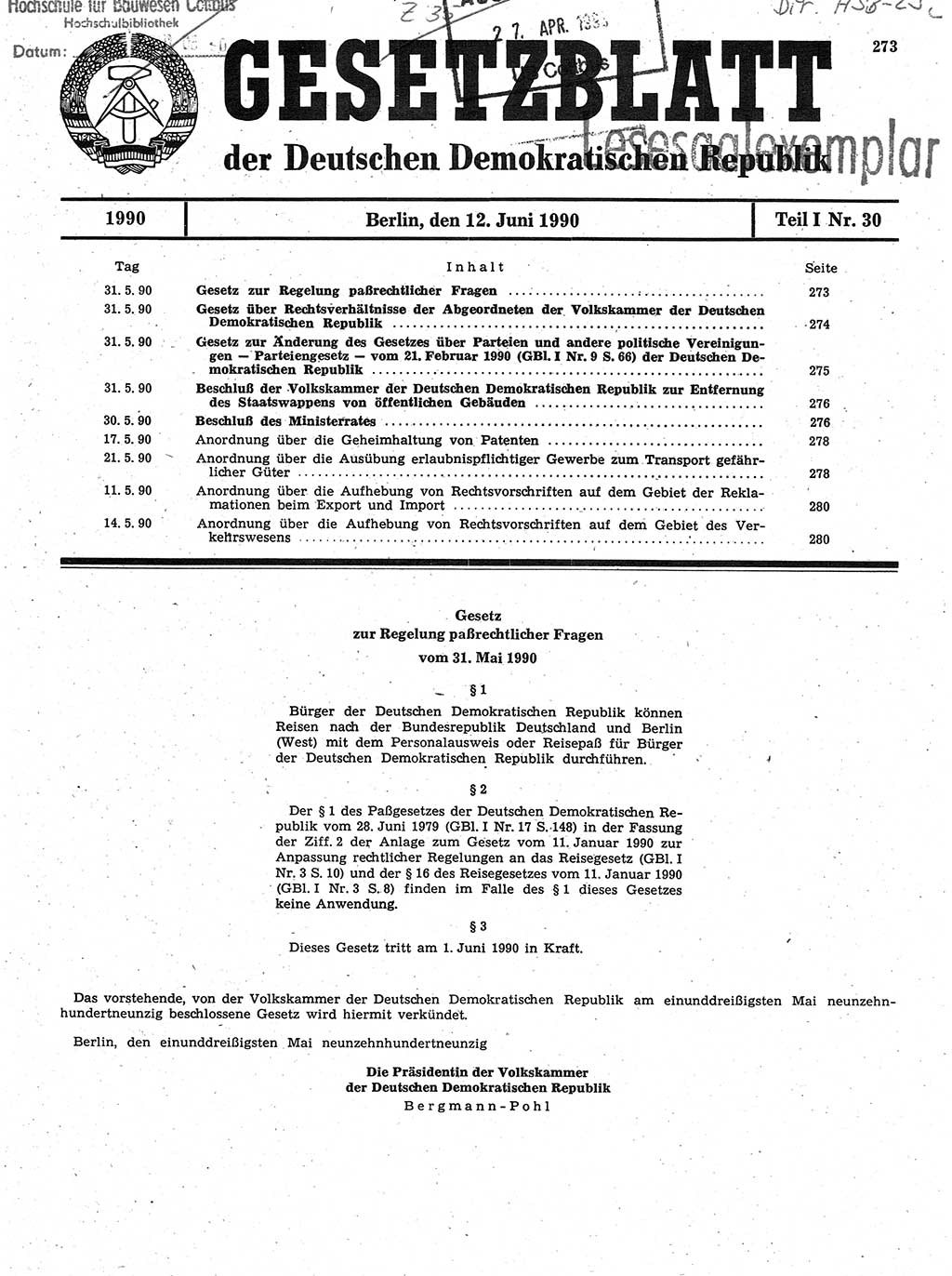 Gesetzblatt (GBl.) der Deutschen Demokratischen Republik (DDR) Teil Ⅰ 1990, Seite 273 (GBl. DDR Ⅰ 1990, S. 273)