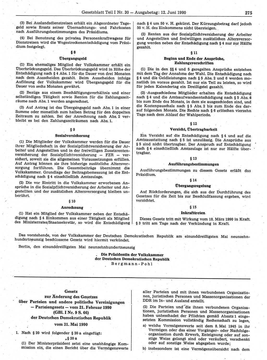 Gesetzblatt (GBl.) der Deutschen Demokratischen Republik (DDR) Teil Ⅰ 1990, Seite 275 (GBl. DDR Ⅰ 1990, S. 275)