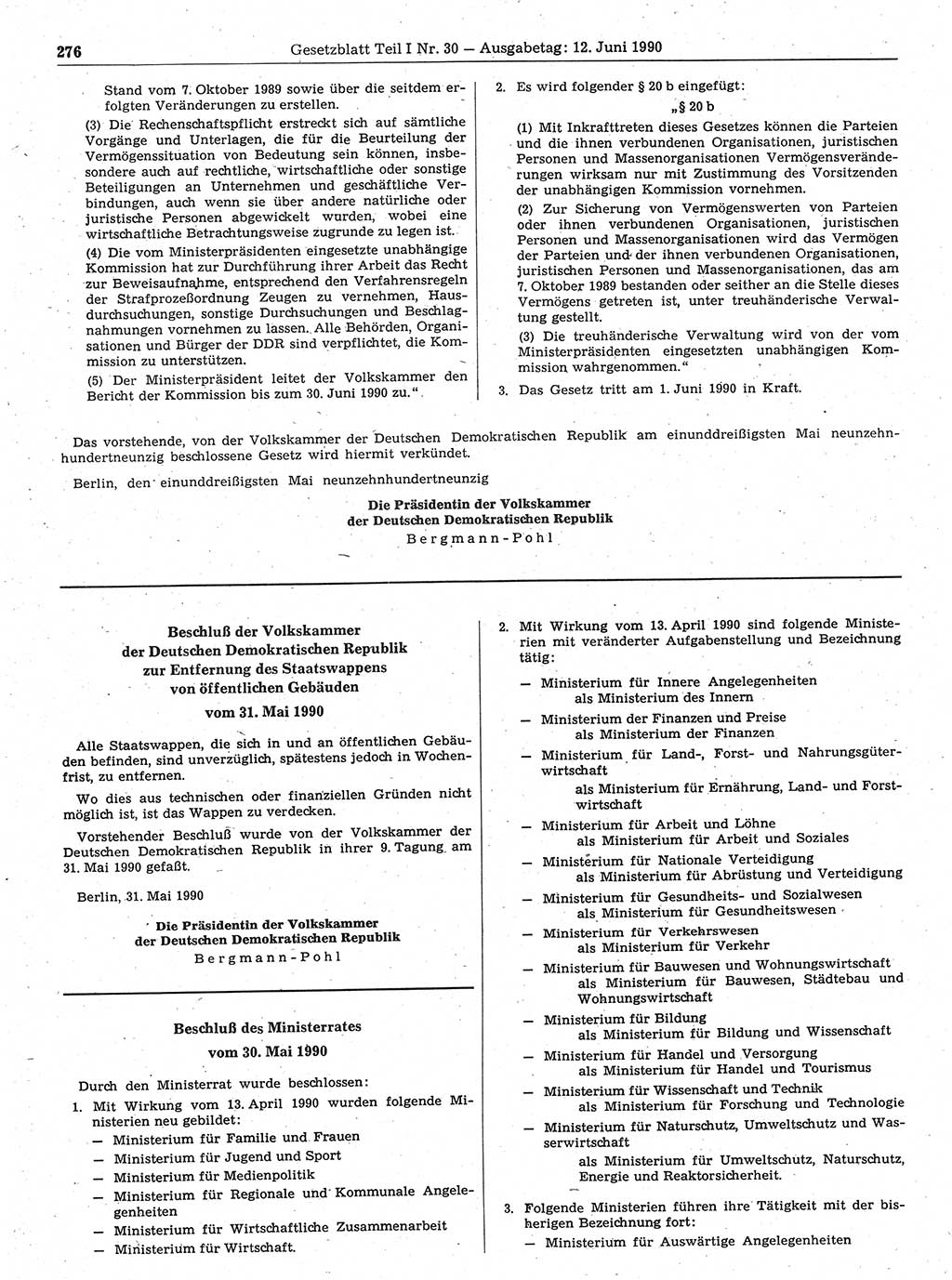 Gesetzblatt (GBl.) der Deutschen Demokratischen Republik (DDR) Teil Ⅰ 1990, Seite 276 (GBl. DDR Ⅰ 1990, S. 276)