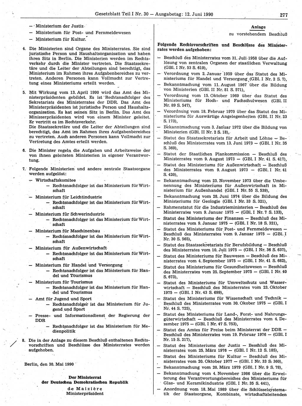 Gesetzblatt (GBl.) der Deutschen Demokratischen Republik (DDR) Teil Ⅰ 1990, Seite 277 (GBl. DDR Ⅰ 1990, S. 277)