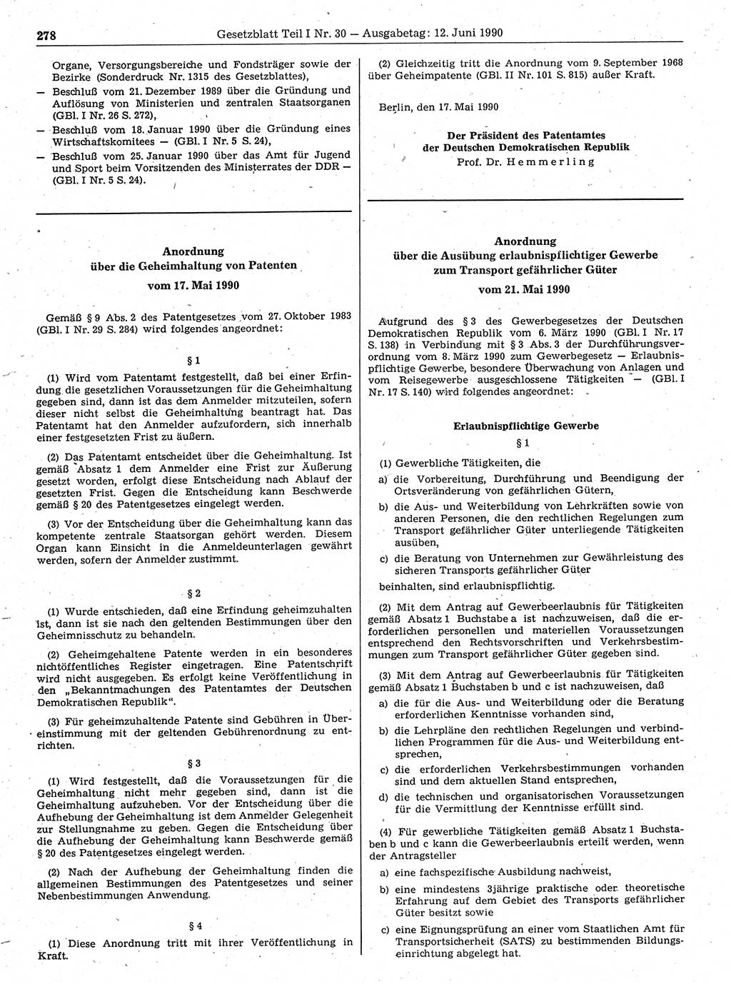 Gesetzblatt (GBl.) der Deutschen Demokratischen Republik (DDR) Teil Ⅰ 1990, Seite 278 (GBl. DDR Ⅰ 1990, S. 278)