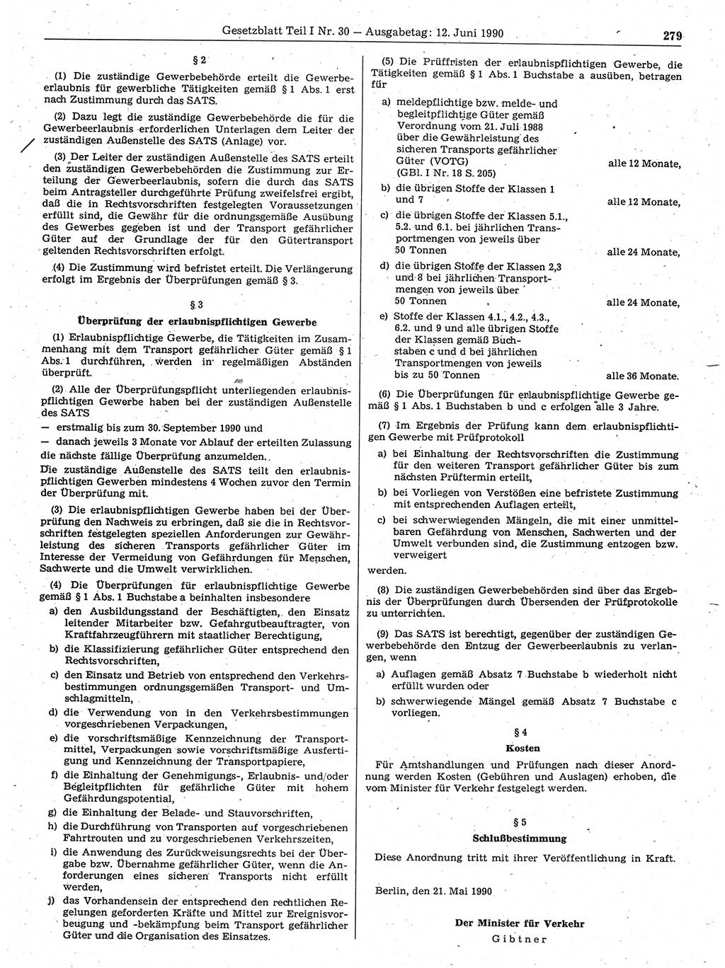 Gesetzblatt (GBl.) der Deutschen Demokratischen Republik (DDR) Teil Ⅰ 1990, Seite 279 (GBl. DDR Ⅰ 1990, S. 279)
