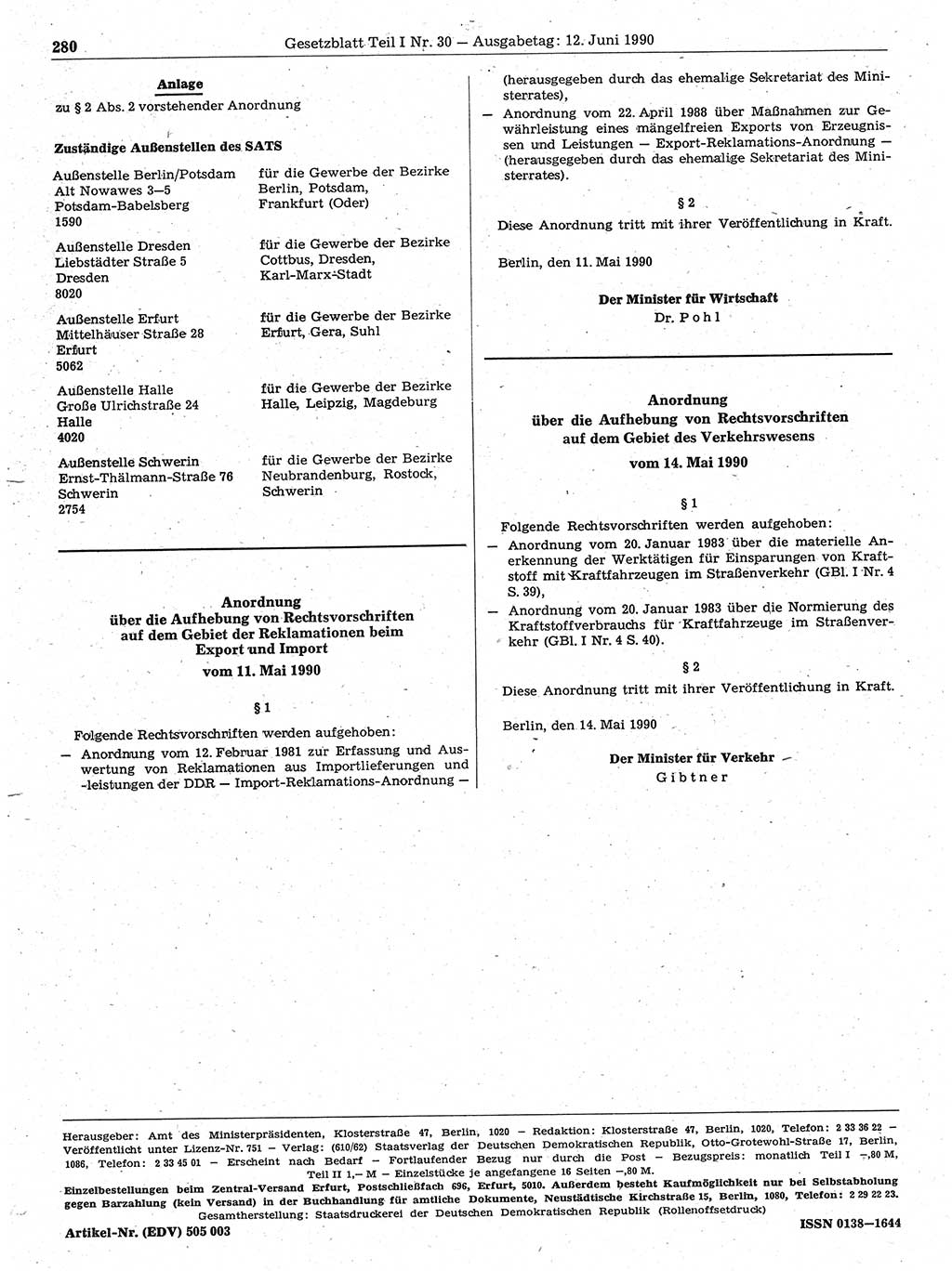 Gesetzblatt (GBl.) der Deutschen Demokratischen Republik (DDR) Teil Ⅰ 1990, Seite 280 (GBl. DDR Ⅰ 1990, S. 280)