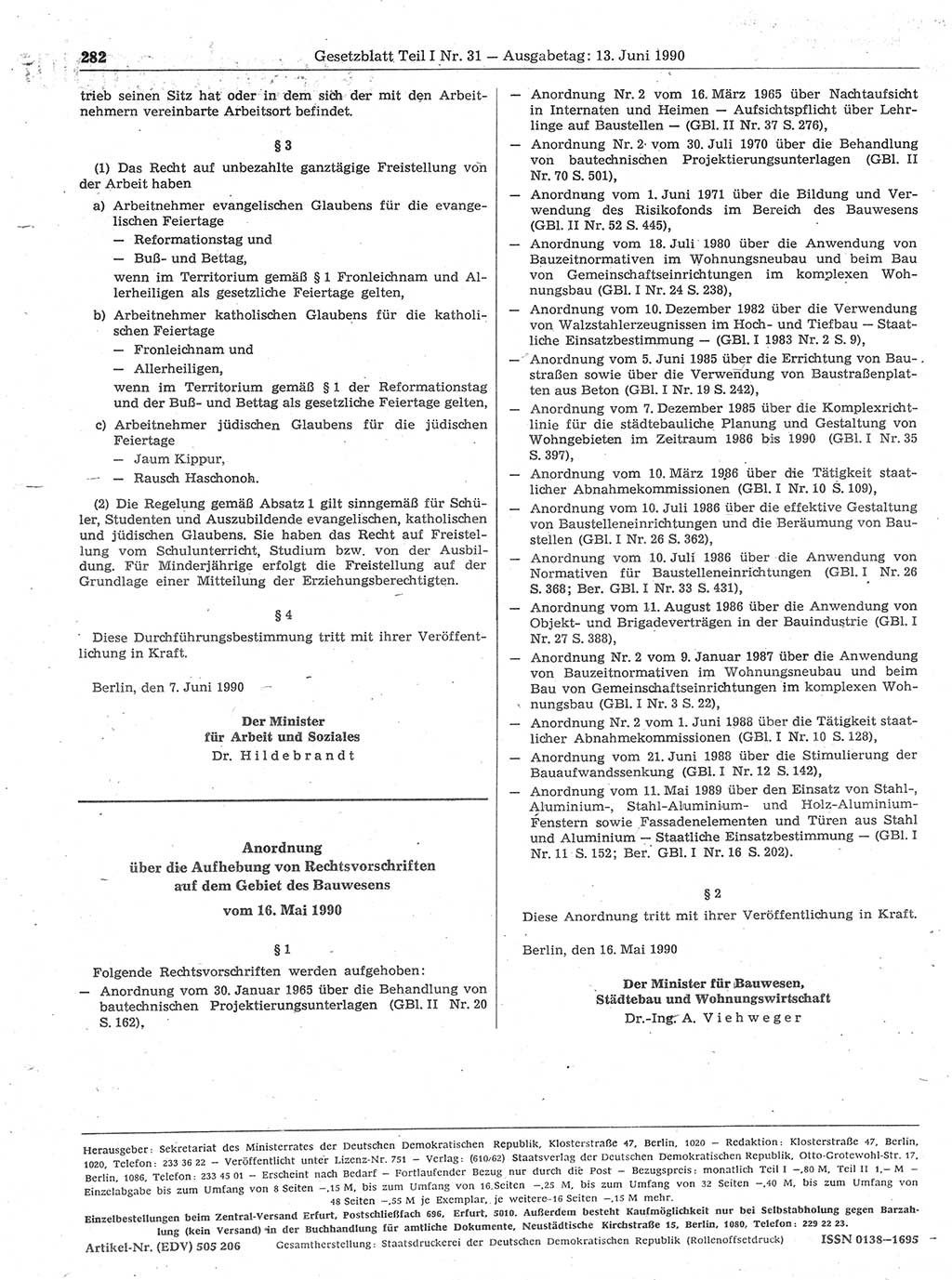 Gesetzblatt (GBl.) der Deutschen Demokratischen Republik (DDR) Teil Ⅰ 1990, Seite 282 (GBl. DDR Ⅰ 1990, S. 282)
