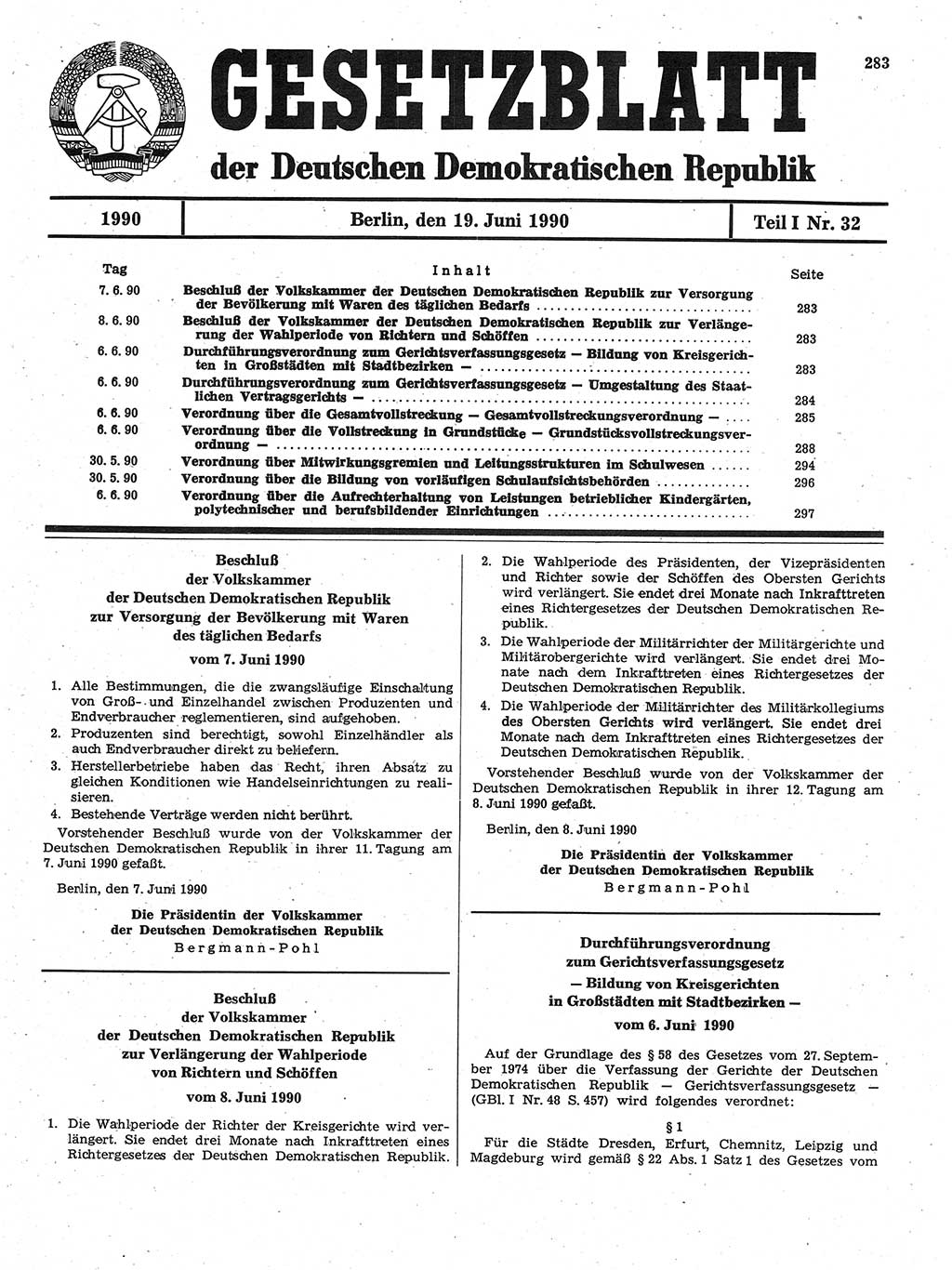 Gesetzblatt (GBl.) der Deutschen Demokratischen Republik (DDR) Teil Ⅰ 1990, Seite 283 (GBl. DDR Ⅰ 1990, S. 283)
