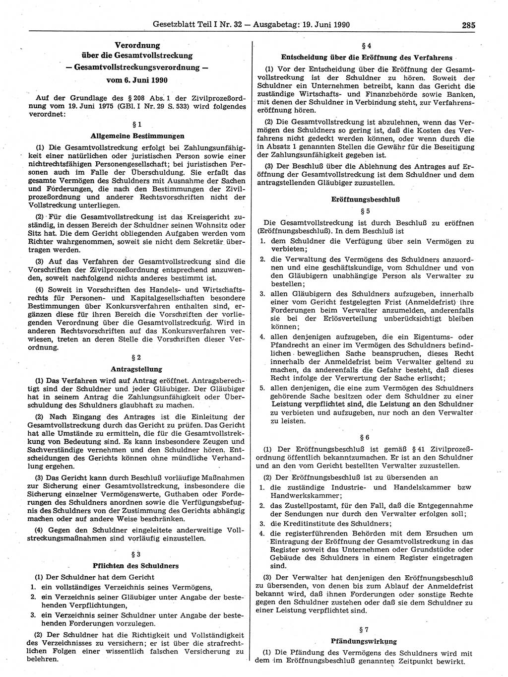 Gesetzblatt (GBl.) der Deutschen Demokratischen Republik (DDR) Teil Ⅰ 1990, Seite 285 (GBl. DDR Ⅰ 1990, S. 285)