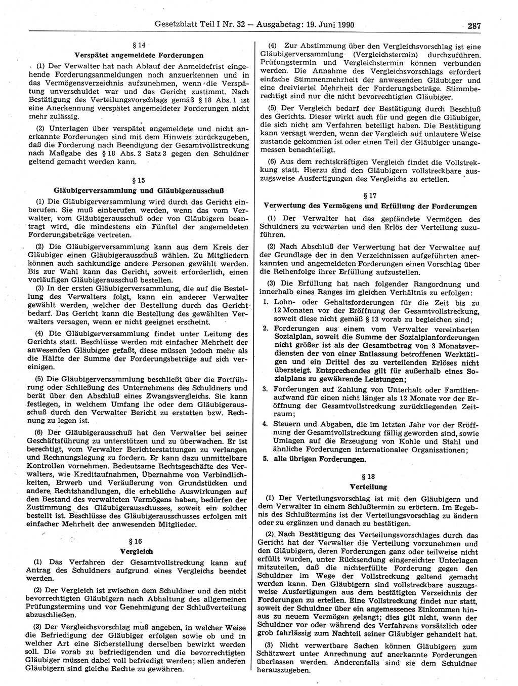 Gesetzblatt (GBl.) der Deutschen Demokratischen Republik (DDR) Teil Ⅰ 1990, Seite 287 (GBl. DDR Ⅰ 1990, S. 287)
