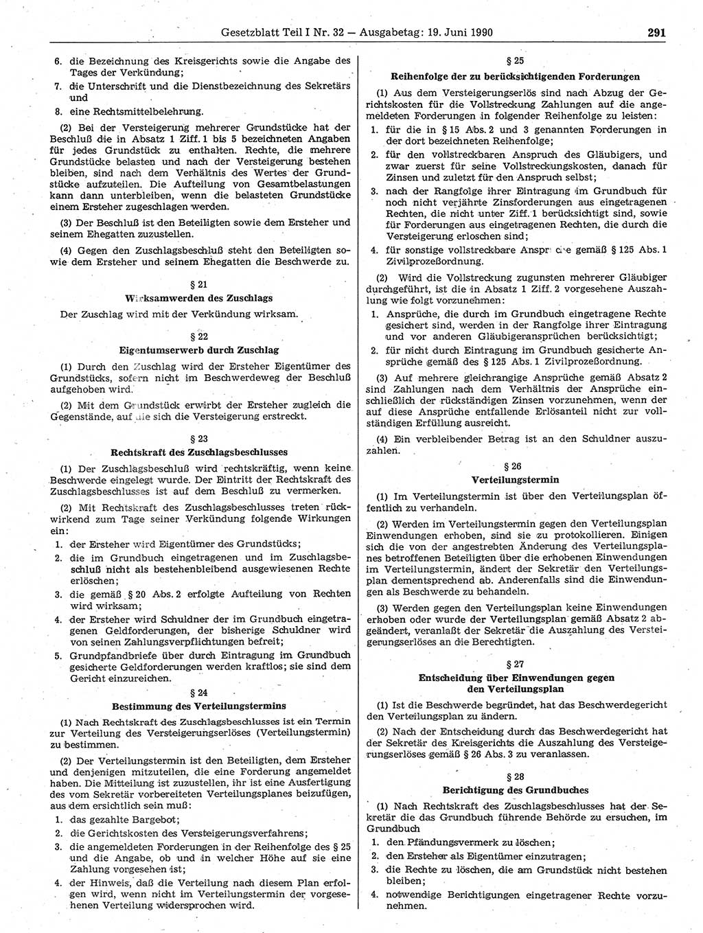 Gesetzblatt (GBl.) der Deutschen Demokratischen Republik (DDR) Teil Ⅰ 1990, Seite 291 (GBl. DDR Ⅰ 1990, S. 291)