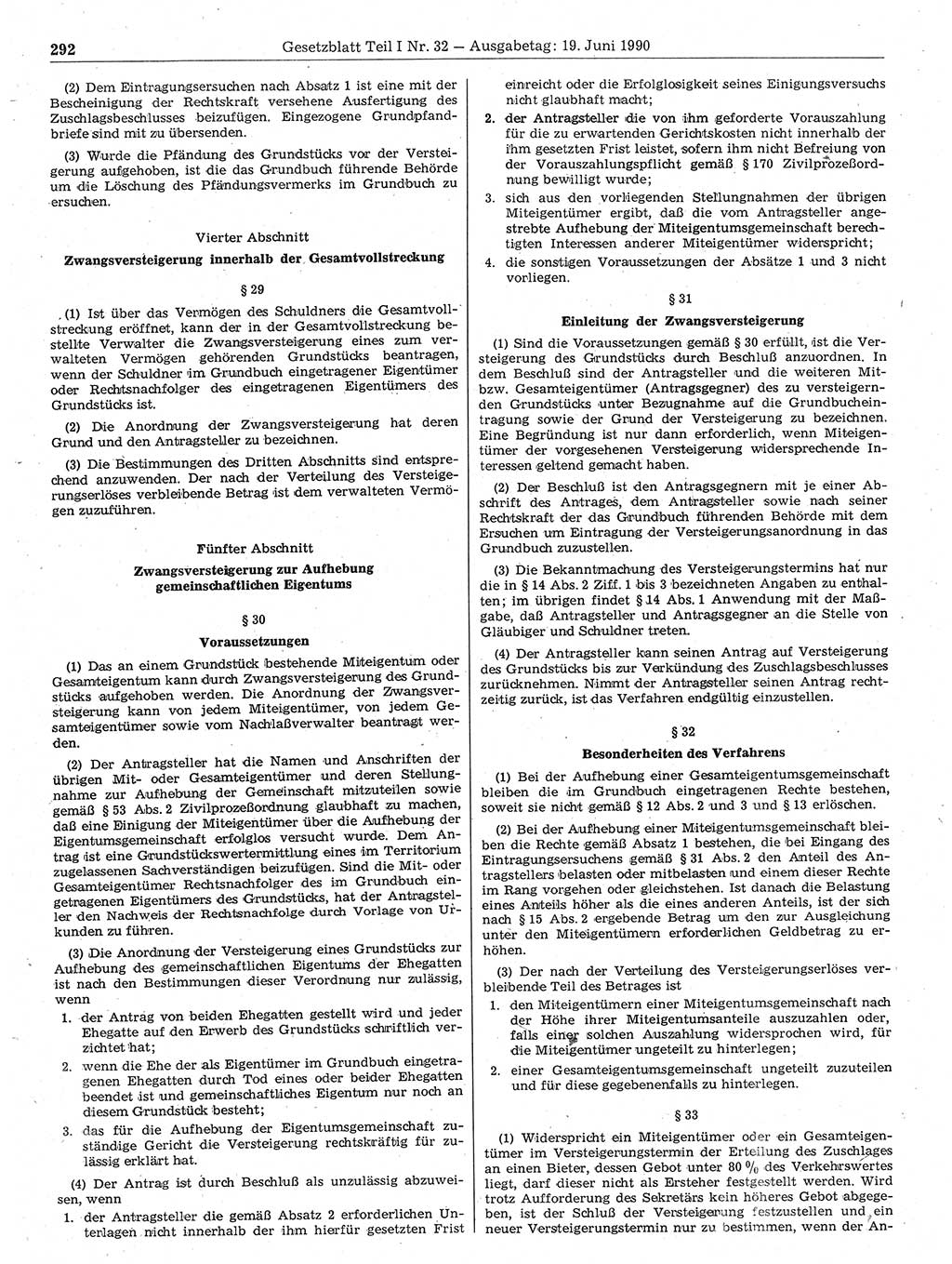 Gesetzblatt (GBl.) der Deutschen Demokratischen Republik (DDR) Teil Ⅰ 1990, Seite 292 (GBl. DDR Ⅰ 1990, S. 292)