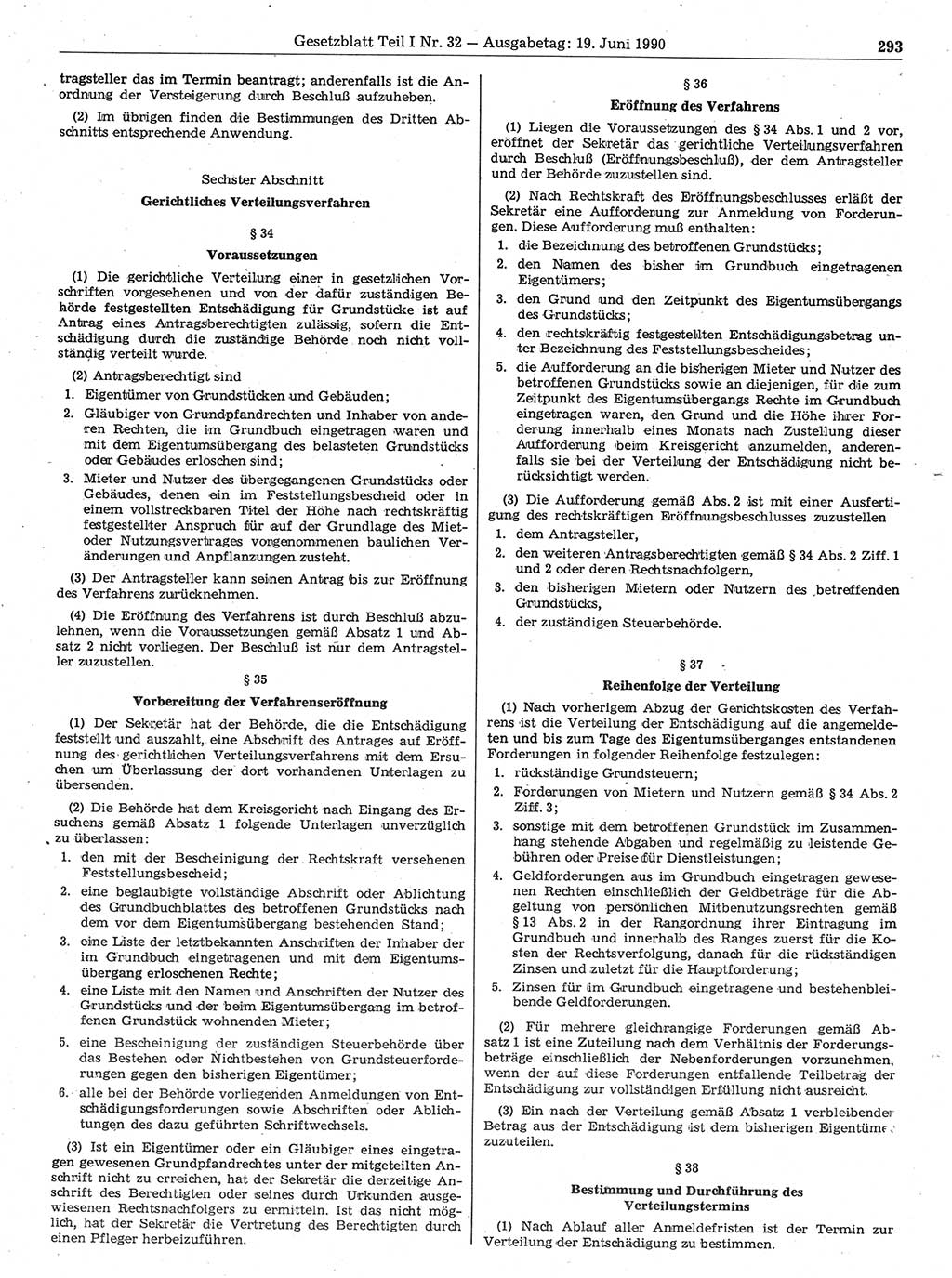Gesetzblatt (GBl.) der Deutschen Demokratischen Republik (DDR) Teil Ⅰ 1990, Seite 293 (GBl. DDR Ⅰ 1990, S. 293)