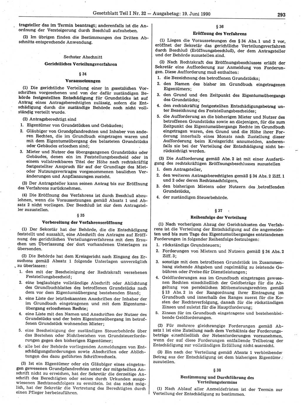 Gesetzblatt (GBl.) der Deutschen Demokratischen Republik (DDR) Teil Ⅰ 1990, Seite 293 (GBl. DDR Ⅰ 1990, S. 293)