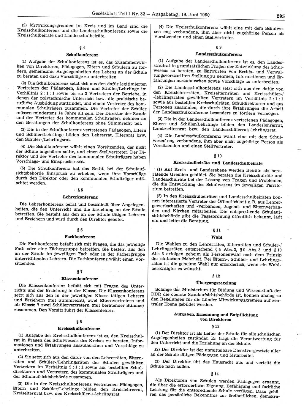 Gesetzblatt (GBl.) der Deutschen Demokratischen Republik (DDR) Teil Ⅰ 1990, Seite 295 (GBl. DDR Ⅰ 1990, S. 295)
