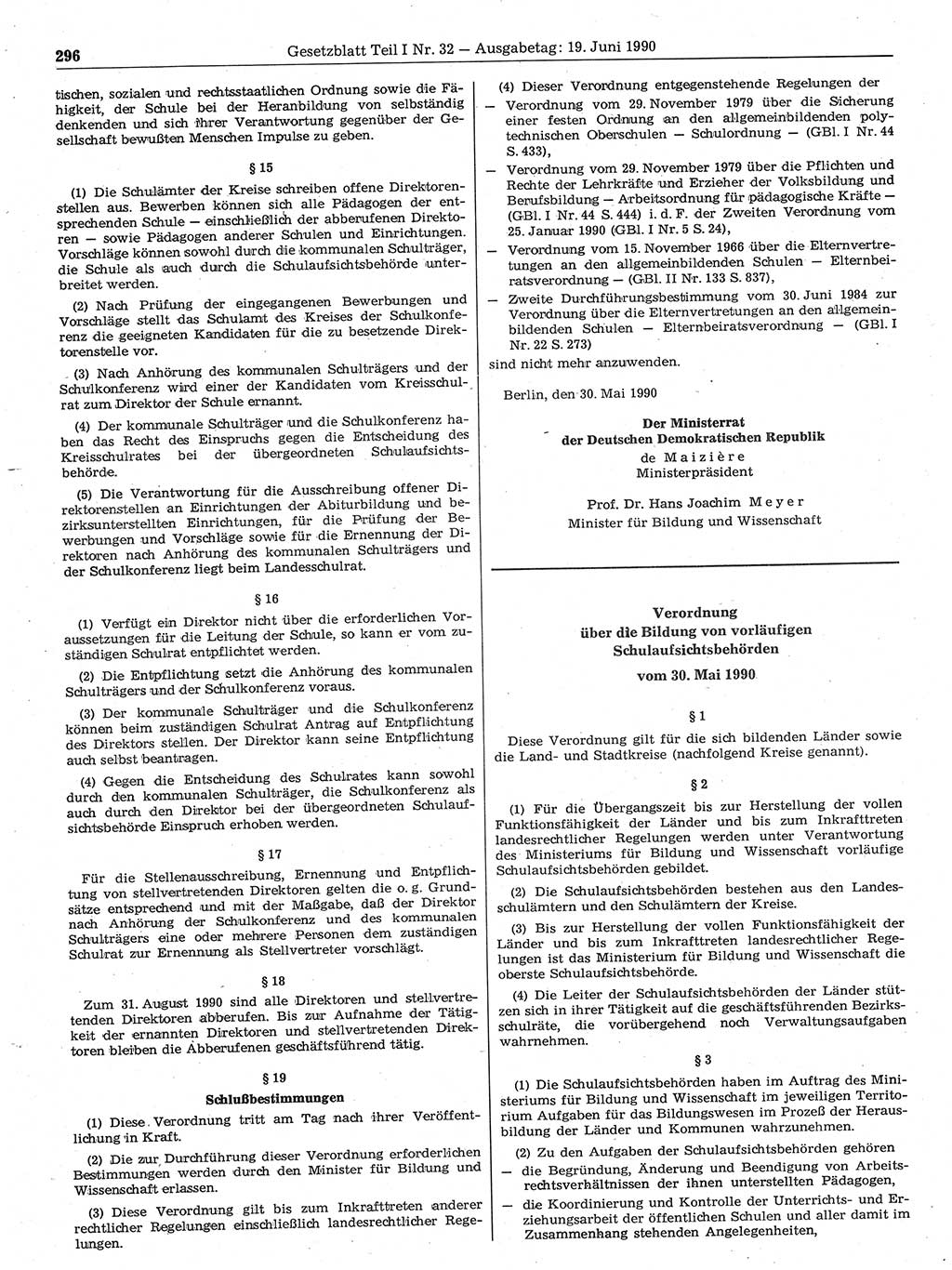Gesetzblatt (GBl.) der Deutschen Demokratischen Republik (DDR) Teil Ⅰ 1990, Seite 296 (GBl. DDR Ⅰ 1990, S. 296)
