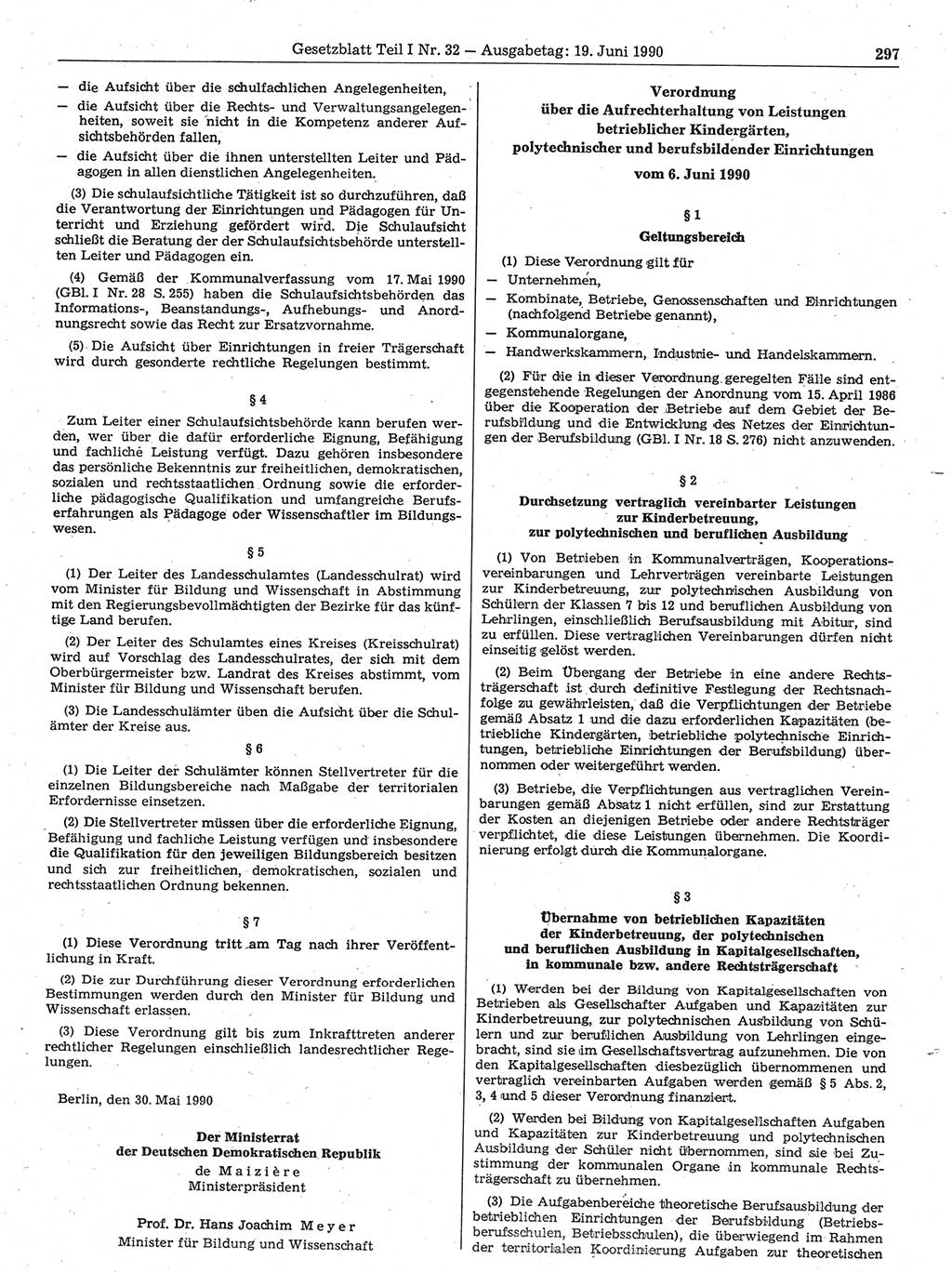 Gesetzblatt (GBl.) der Deutschen Demokratischen Republik (DDR) Teil Ⅰ 1990, Seite 297 (GBl. DDR Ⅰ 1990, S. 297)
