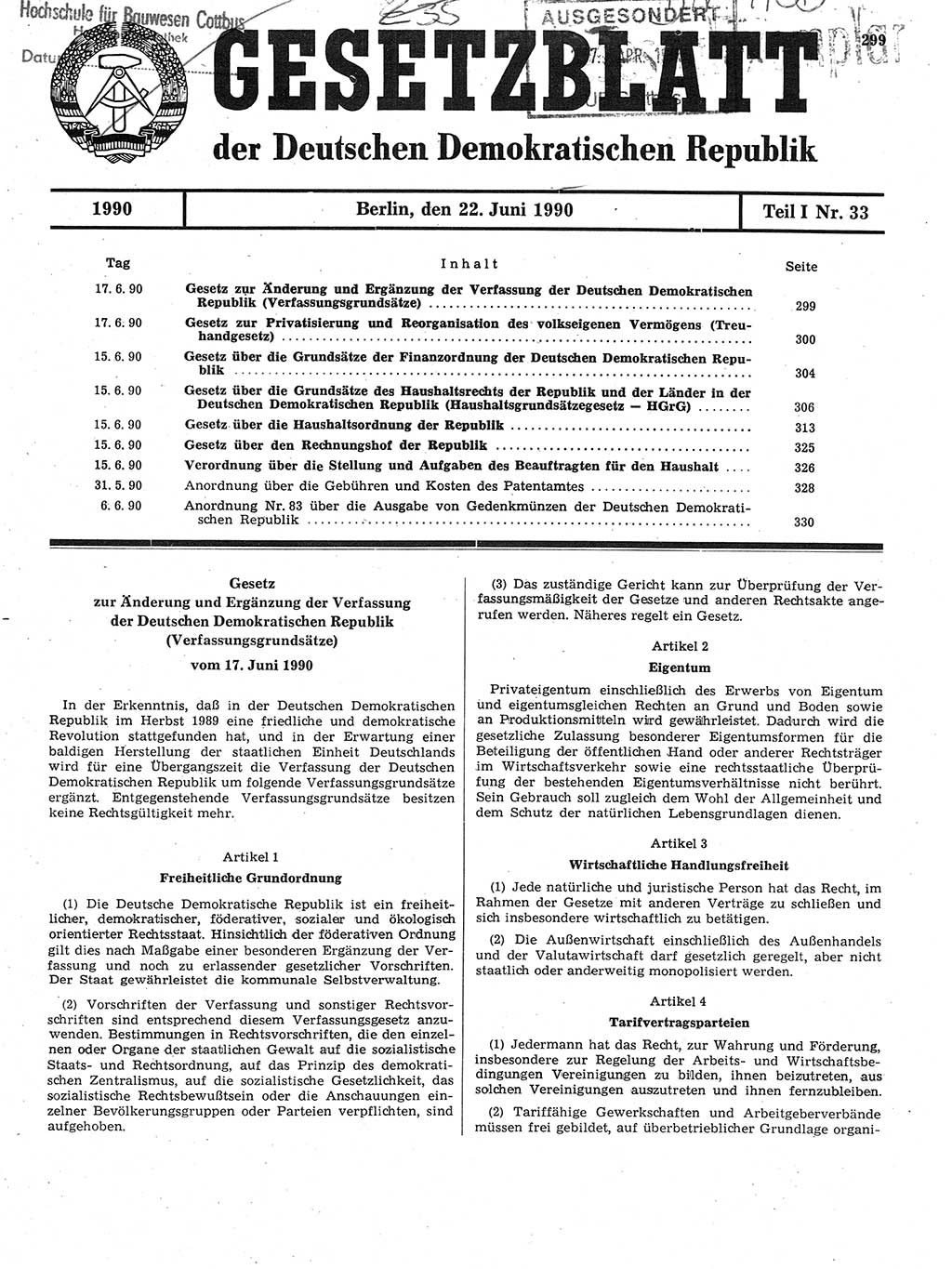 Gesetzblatt (GBl.) der Deutschen Demokratischen Republik (DDR) Teil Ⅰ 1990, Seite 299 (GBl. DDR Ⅰ 1990, S. 299)
