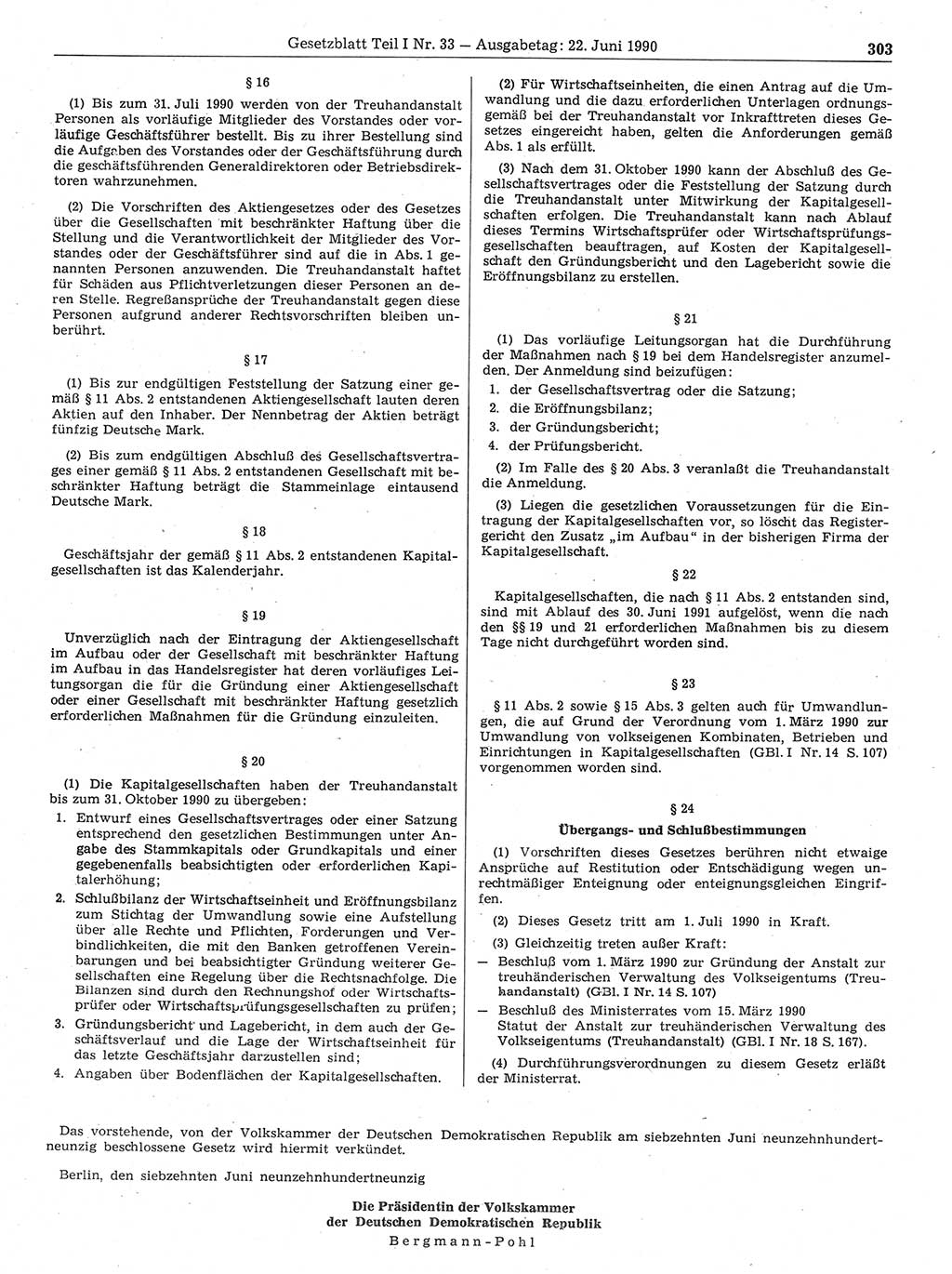 Gesetzblatt (GBl.) der Deutschen Demokratischen Republik (DDR) Teil Ⅰ 1990, Seite 303 (GBl. DDR Ⅰ 1990, S. 303)