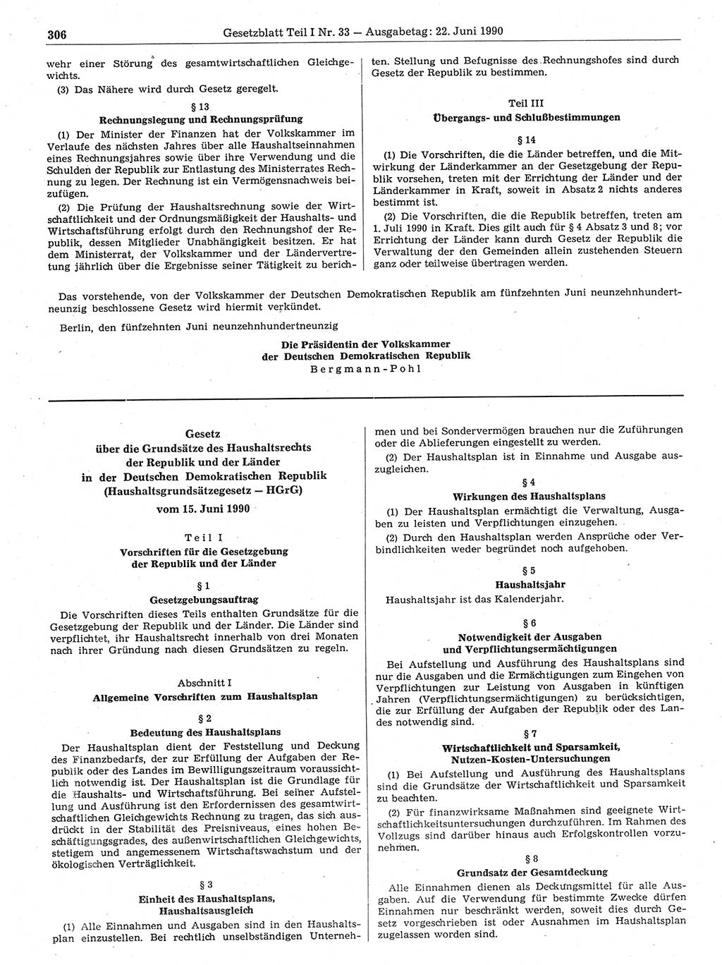 Gesetzblatt (GBl.) der Deutschen Demokratischen Republik (DDR) Teil Ⅰ 1990, Seite 306 (GBl. DDR Ⅰ 1990, S. 306)