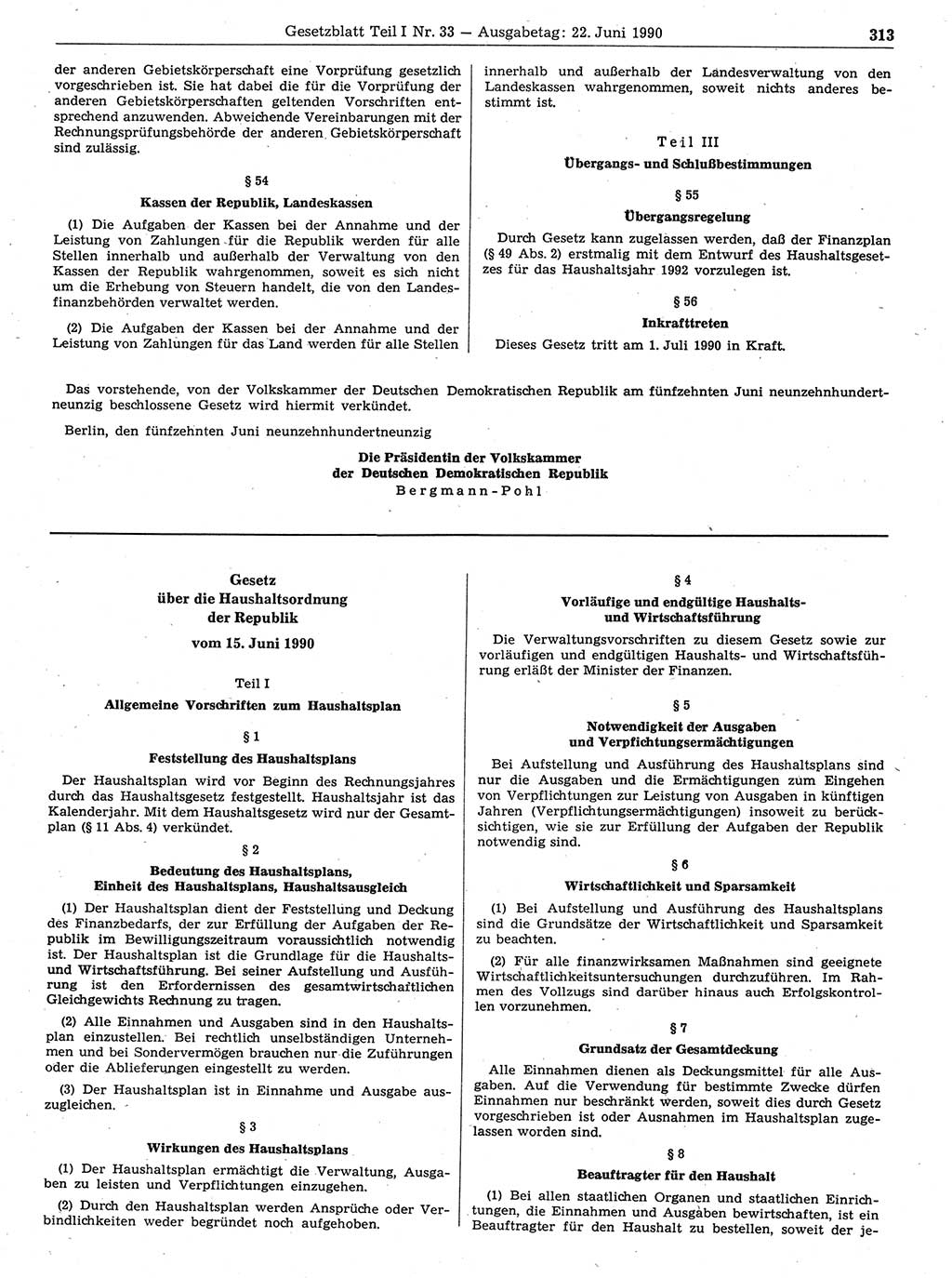 Gesetzblatt (GBl.) der Deutschen Demokratischen Republik (DDR) Teil Ⅰ 1990, Seite 313 (GBl. DDR Ⅰ 1990, S. 313)