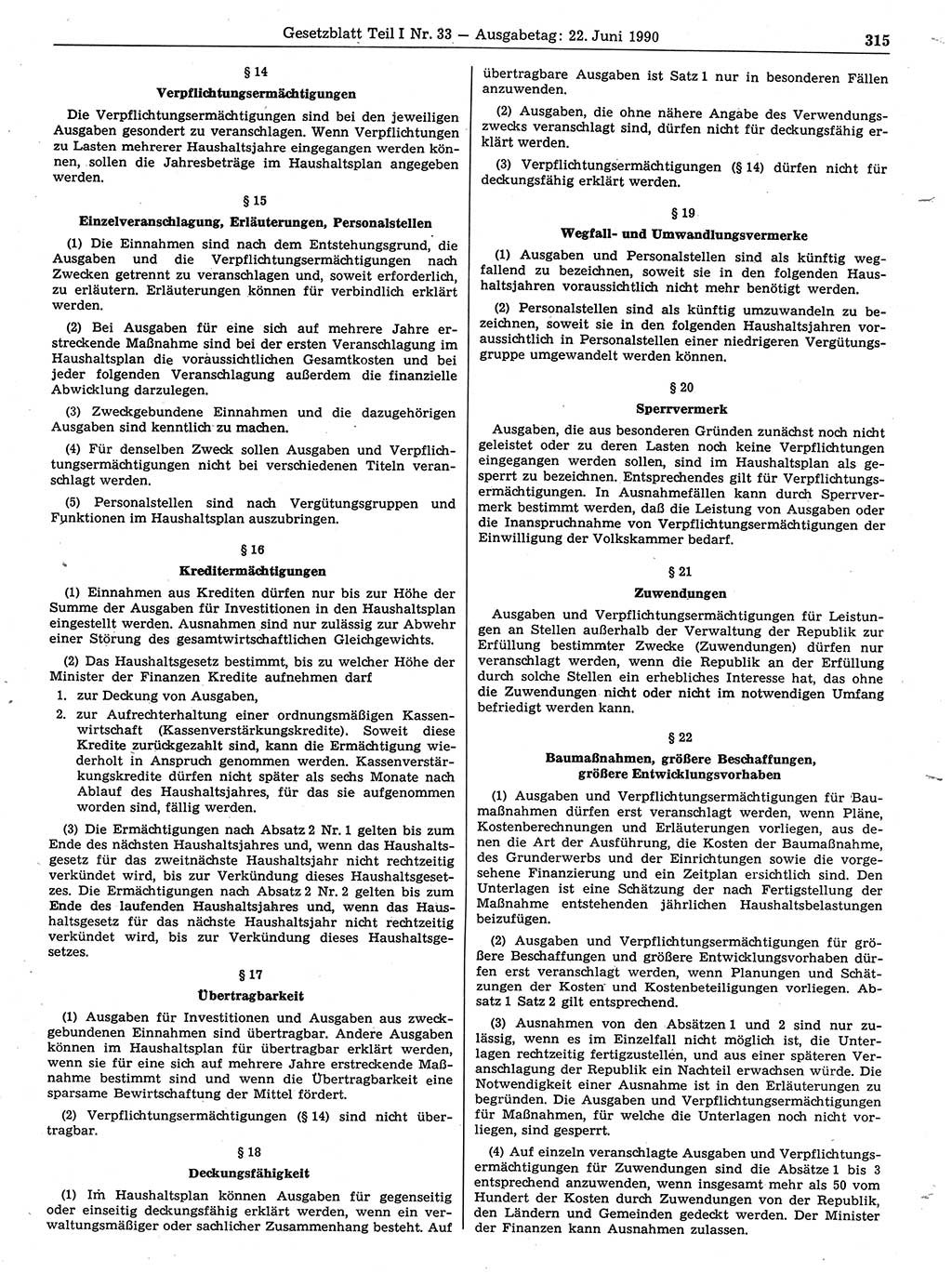 Gesetzblatt (GBl.) der Deutschen Demokratischen Republik (DDR) Teil Ⅰ 1990, Seite 315 (GBl. DDR Ⅰ 1990, S. 315)
