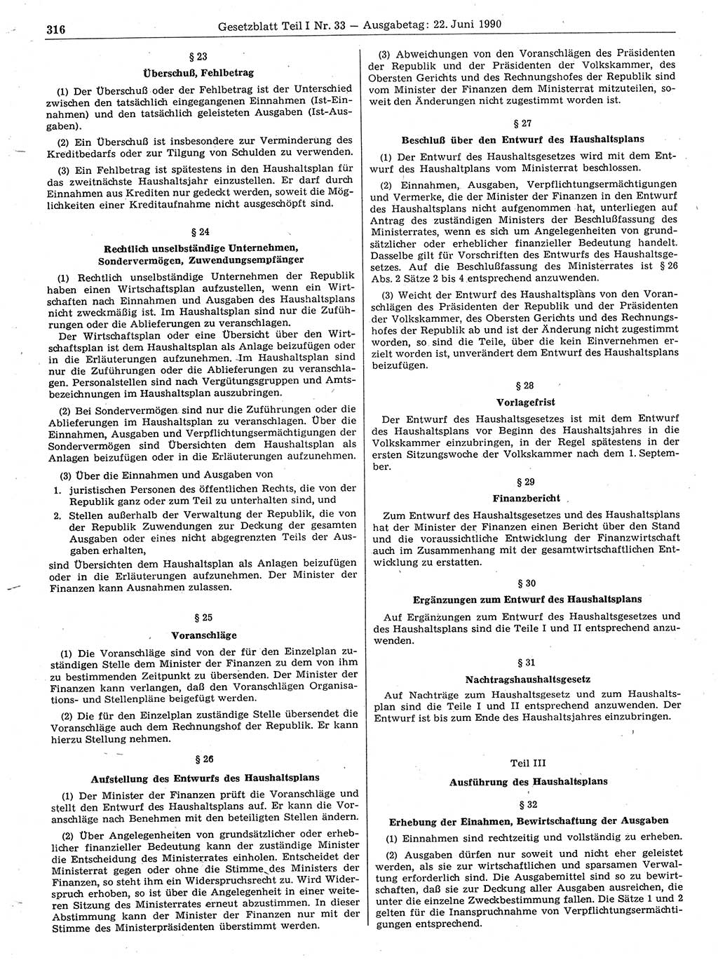 Gesetzblatt (GBl.) der Deutschen Demokratischen Republik (DDR) Teil Ⅰ 1990, Seite 316 (GBl. DDR Ⅰ 1990, S. 316)