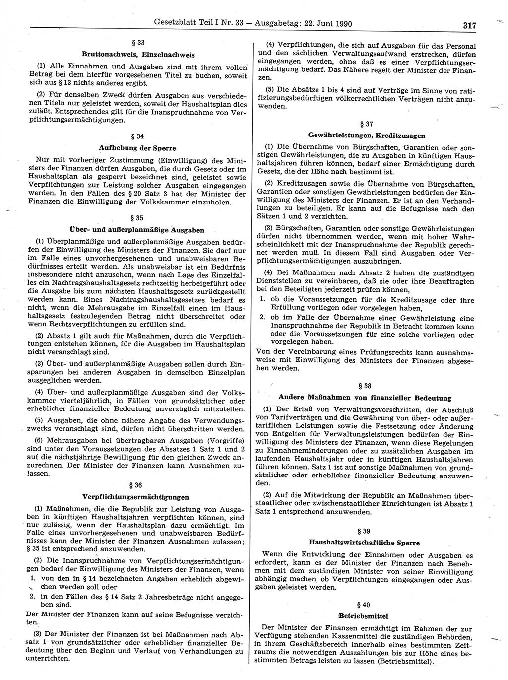 Gesetzblatt (GBl.) der Deutschen Demokratischen Republik (DDR) Teil Ⅰ 1990, Seite 317 (GBl. DDR Ⅰ 1990, S. 317)