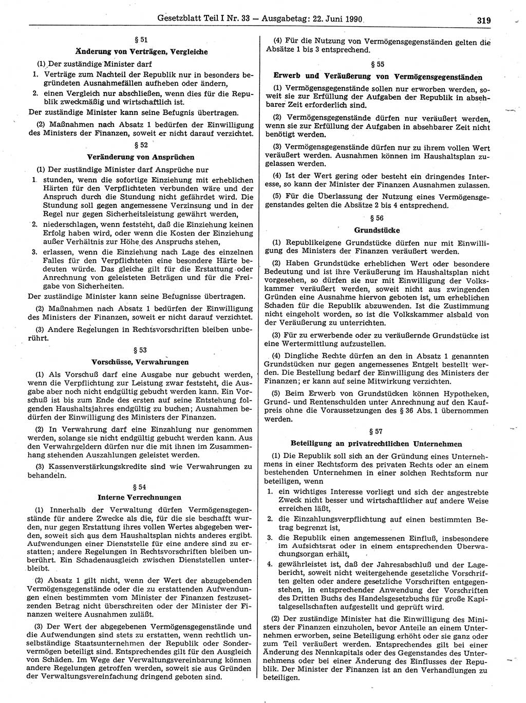 Gesetzblatt (GBl.) der Deutschen Demokratischen Republik (DDR) Teil Ⅰ 1990, Seite 319 (GBl. DDR Ⅰ 1990, S. 319)