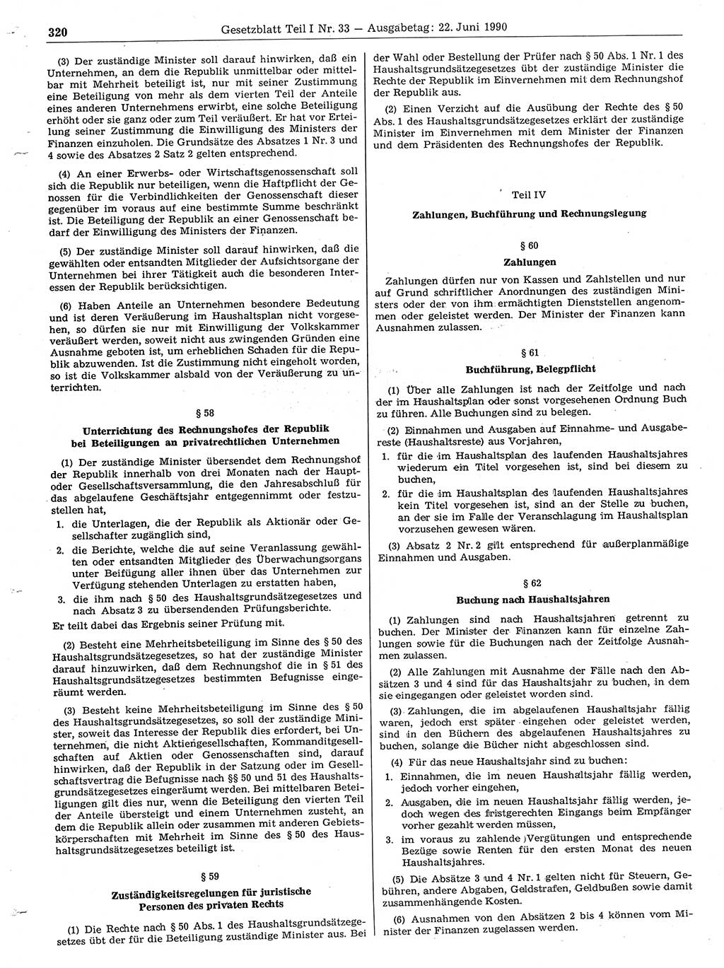 Gesetzblatt (GBl.) der Deutschen Demokratischen Republik (DDR) Teil Ⅰ 1990, Seite 320 (GBl. DDR Ⅰ 1990, S. 320)