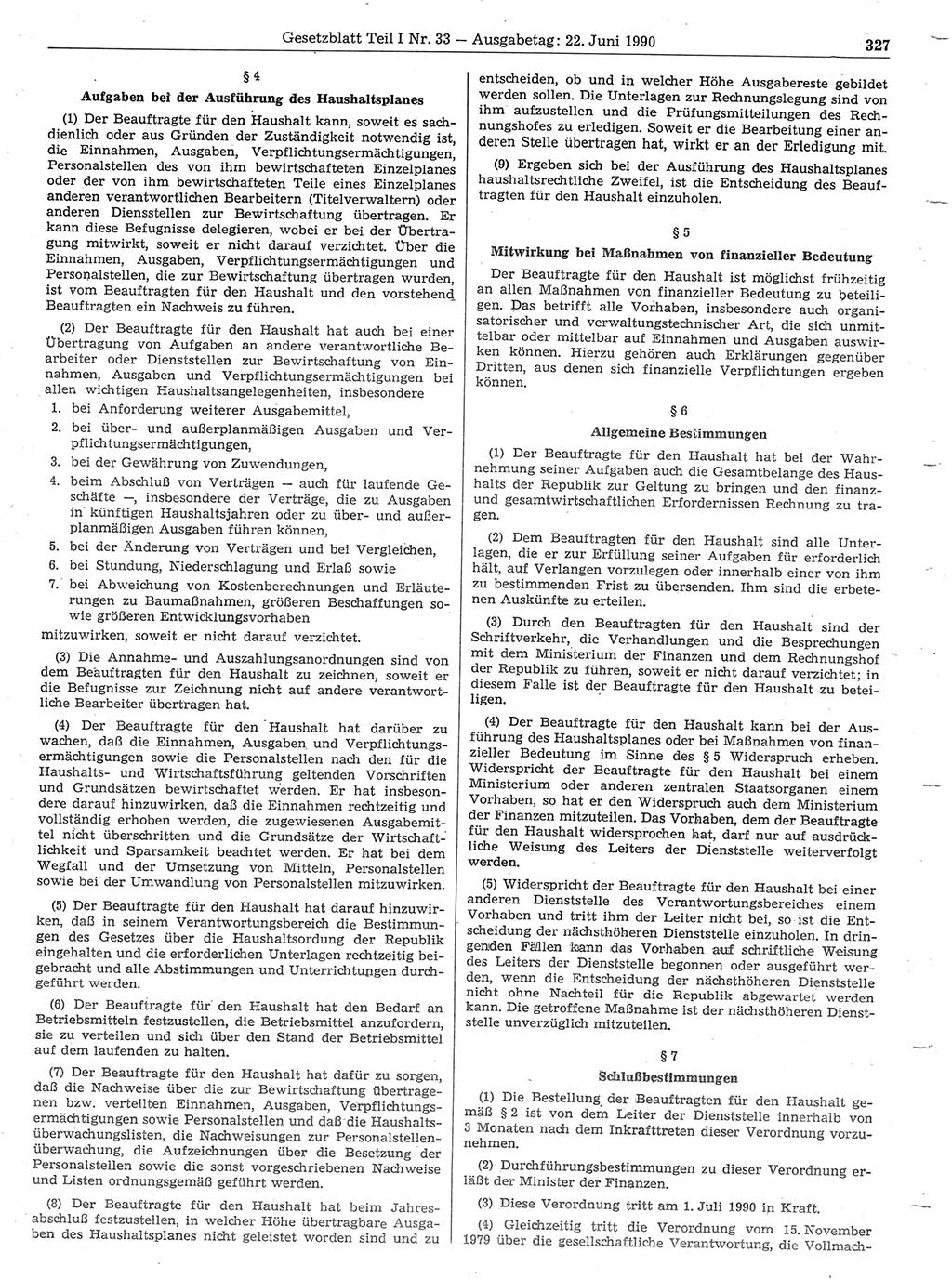 Gesetzblatt (GBl.) der Deutschen Demokratischen Republik (DDR) Teil Ⅰ 1990, Seite 327 (GBl. DDR Ⅰ 1990, S. 327)