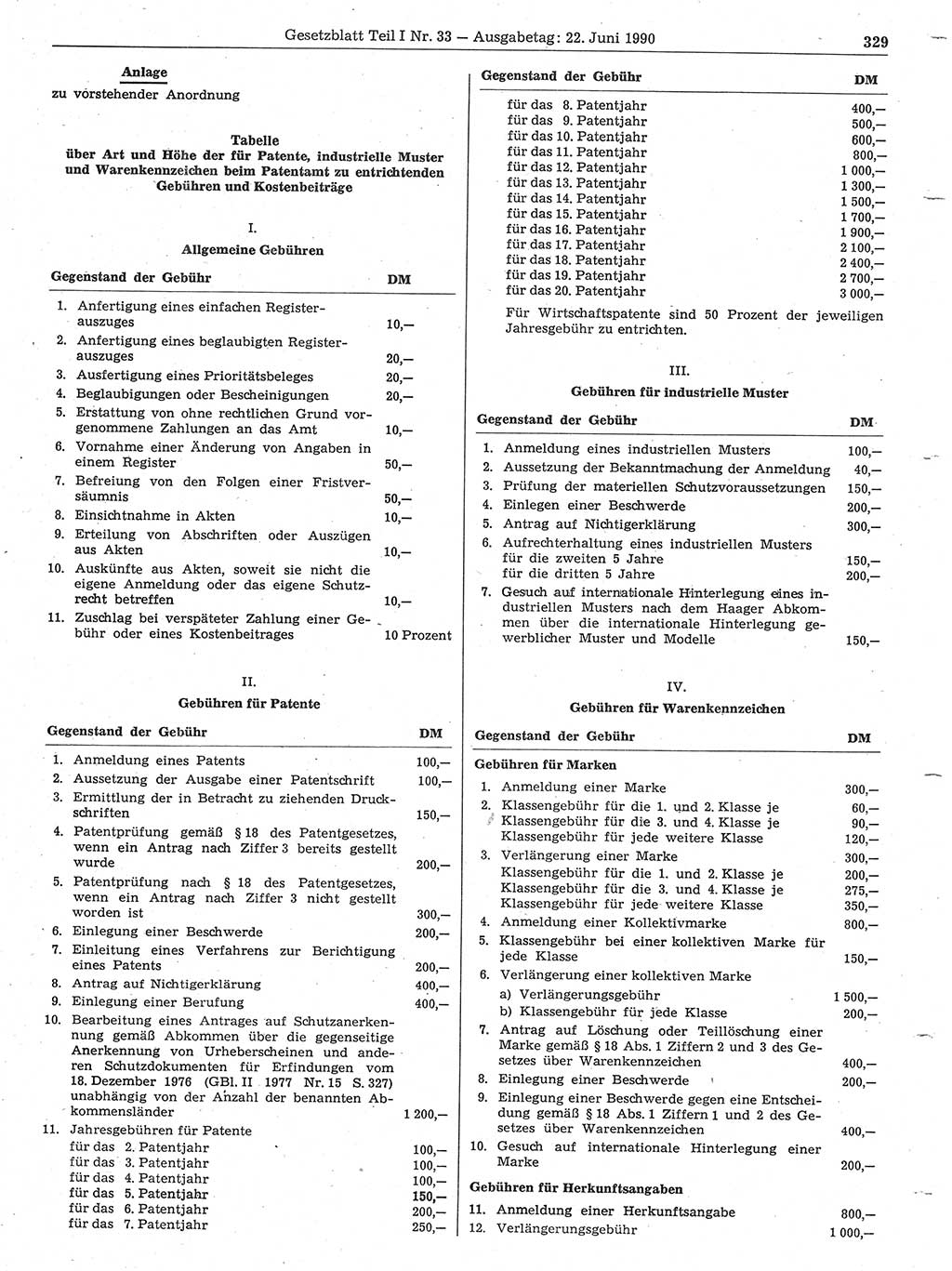 Gesetzblatt (GBl.) der Deutschen Demokratischen Republik (DDR) Teil Ⅰ 1990, Seite 329 (GBl. DDR Ⅰ 1990, S. 329)