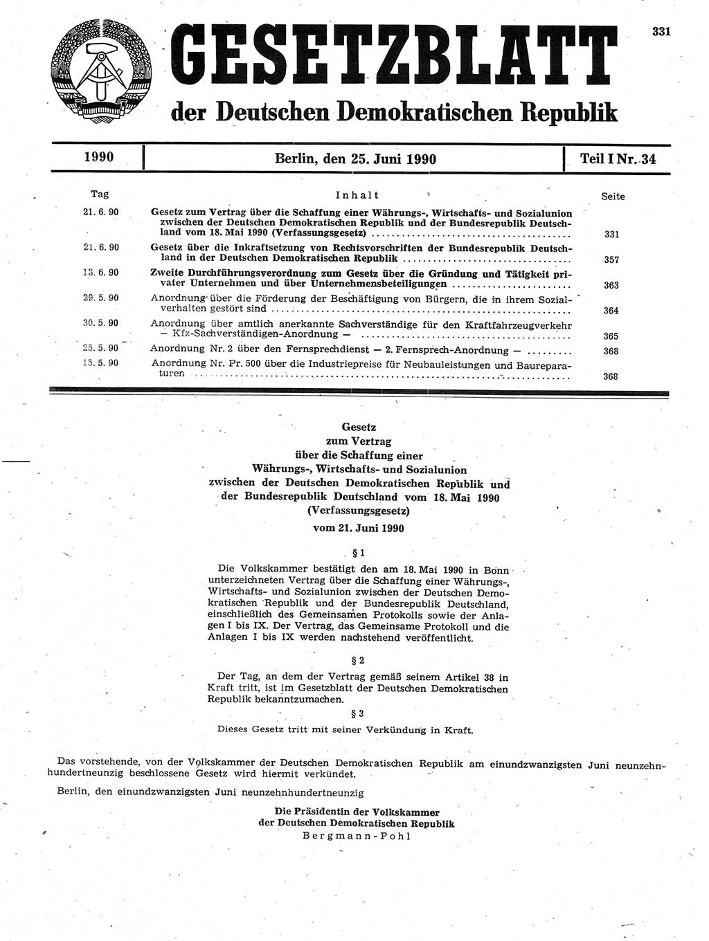 Gesetzblatt (GBl.) der Deutschen Demokratischen Republik (DDR) Teil Ⅰ 1990, Seite 331 (GBl. DDR Ⅰ 1990, S. 331)