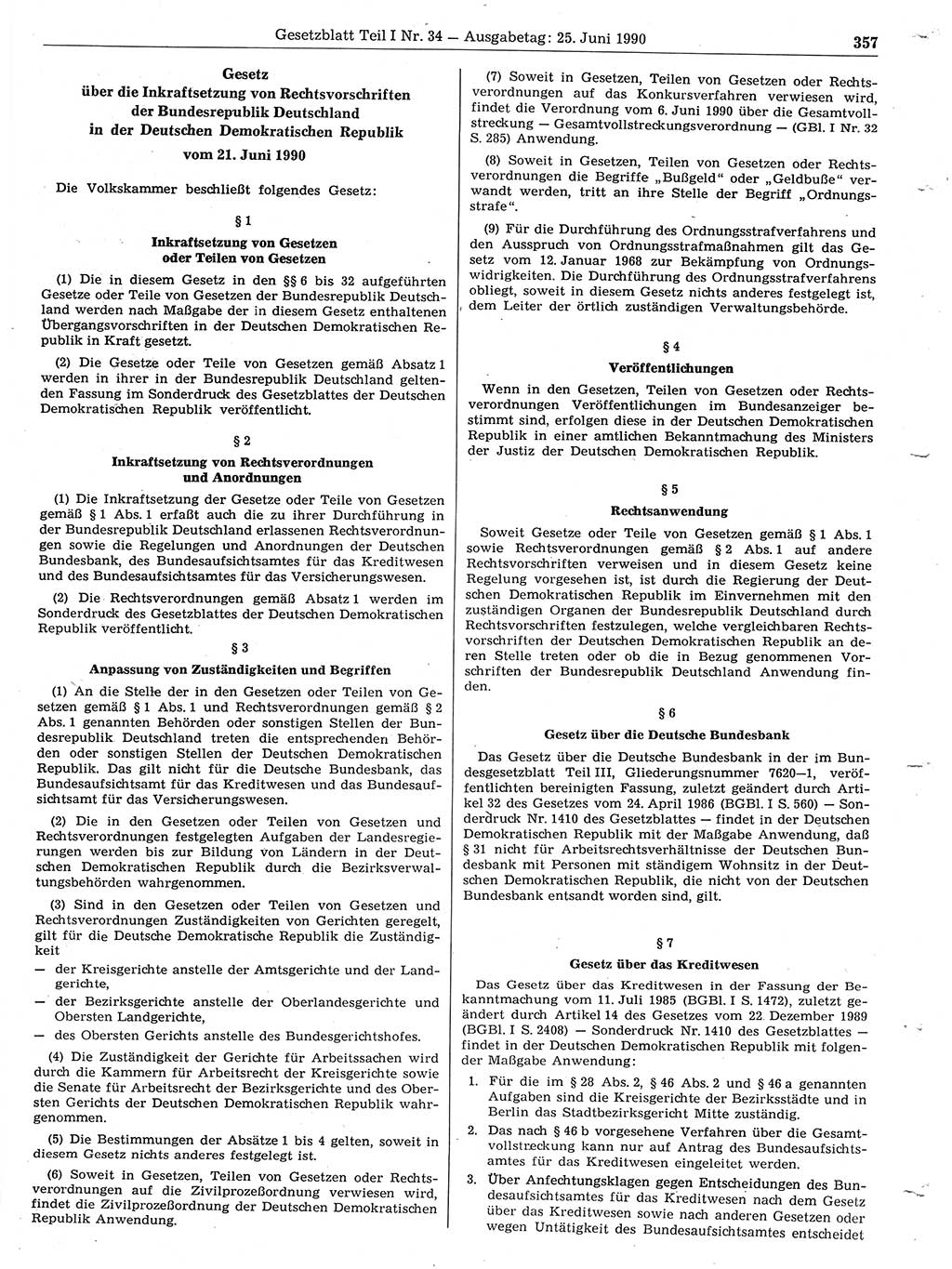Gesetzblatt (GBl.) der Deutschen Demokratischen Republik (DDR) Teil Ⅰ 1990, Seite 357 (GBl. DDR Ⅰ 1990, S. 357)