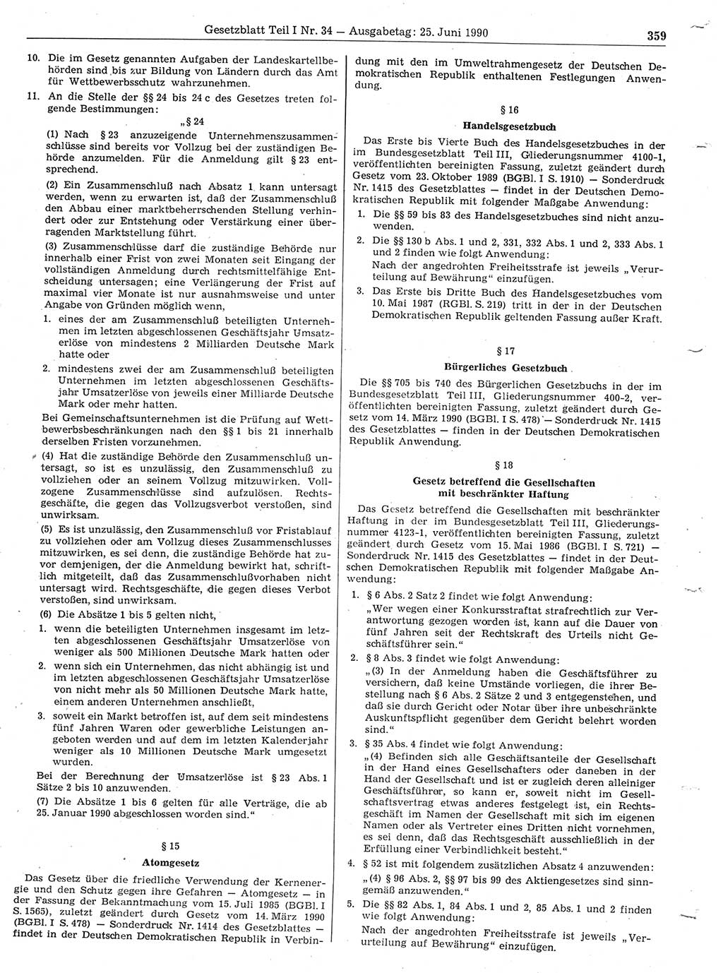 Gesetzblatt (GBl.) der Deutschen Demokratischen Republik (DDR) Teil Ⅰ 1990, Seite 359 (GBl. DDR Ⅰ 1990, S. 359)