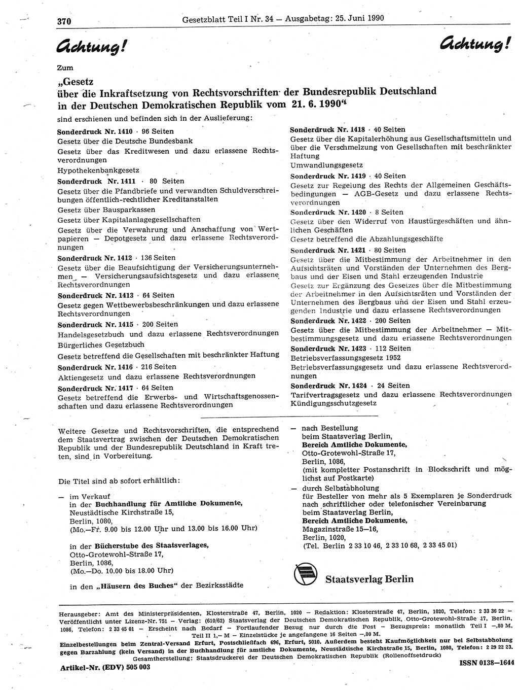 Gesetzblatt (GBl.) der Deutschen Demokratischen Republik (DDR) Teil Ⅰ 1990, Seite 370 (GBl. DDR Ⅰ 1990, S. 370)