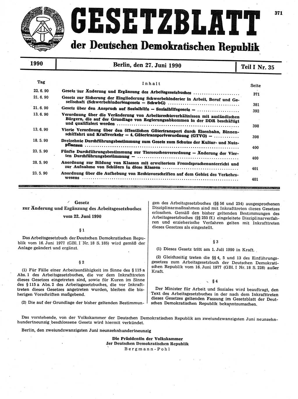 Gesetzblatt (GBl.) der Deutschen Demokratischen Republik (DDR) Teil Ⅰ 1990, Seite 371 (GBl. DDR Ⅰ 1990, S. 371)