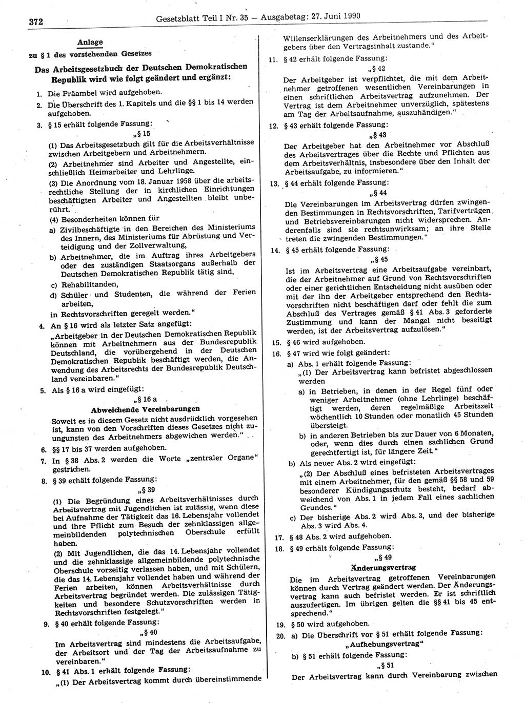 Gesetzblatt (GBl.) der Deutschen Demokratischen Republik (DDR) Teil Ⅰ 1990, Seite 372 (GBl. DDR Ⅰ 1990, S. 372)