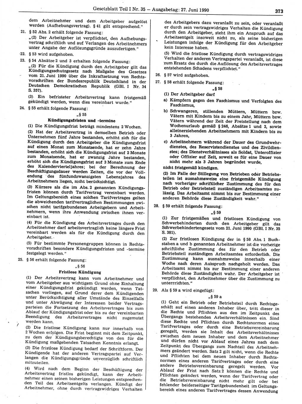 Gesetzblatt (GBl.) der Deutschen Demokratischen Republik (DDR) Teil Ⅰ 1990, Seite 373 (GBl. DDR Ⅰ 1990, S. 373)