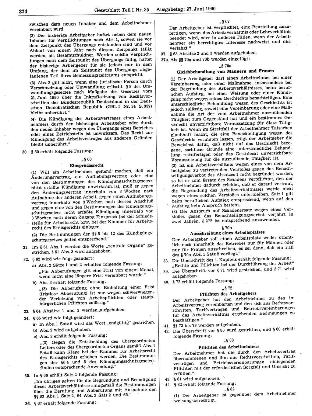 Gesetzblatt (GBl.) der Deutschen Demokratischen Republik (DDR) Teil Ⅰ 1990, Seite 374 (GBl. DDR Ⅰ 1990, S. 374)